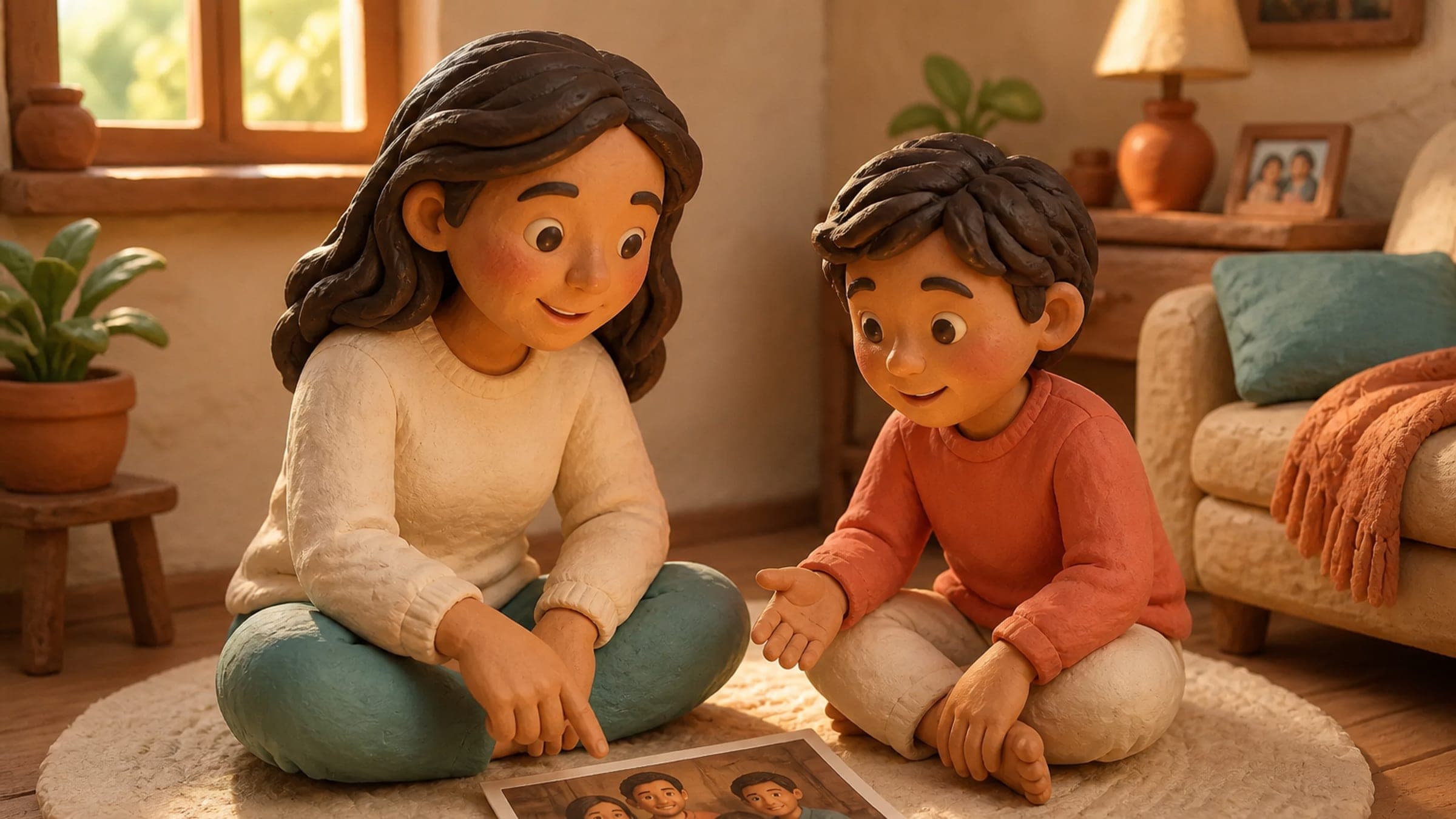 A Latina mother and her school-age son sit on a living-room rug with a family photo, talking through a story change
