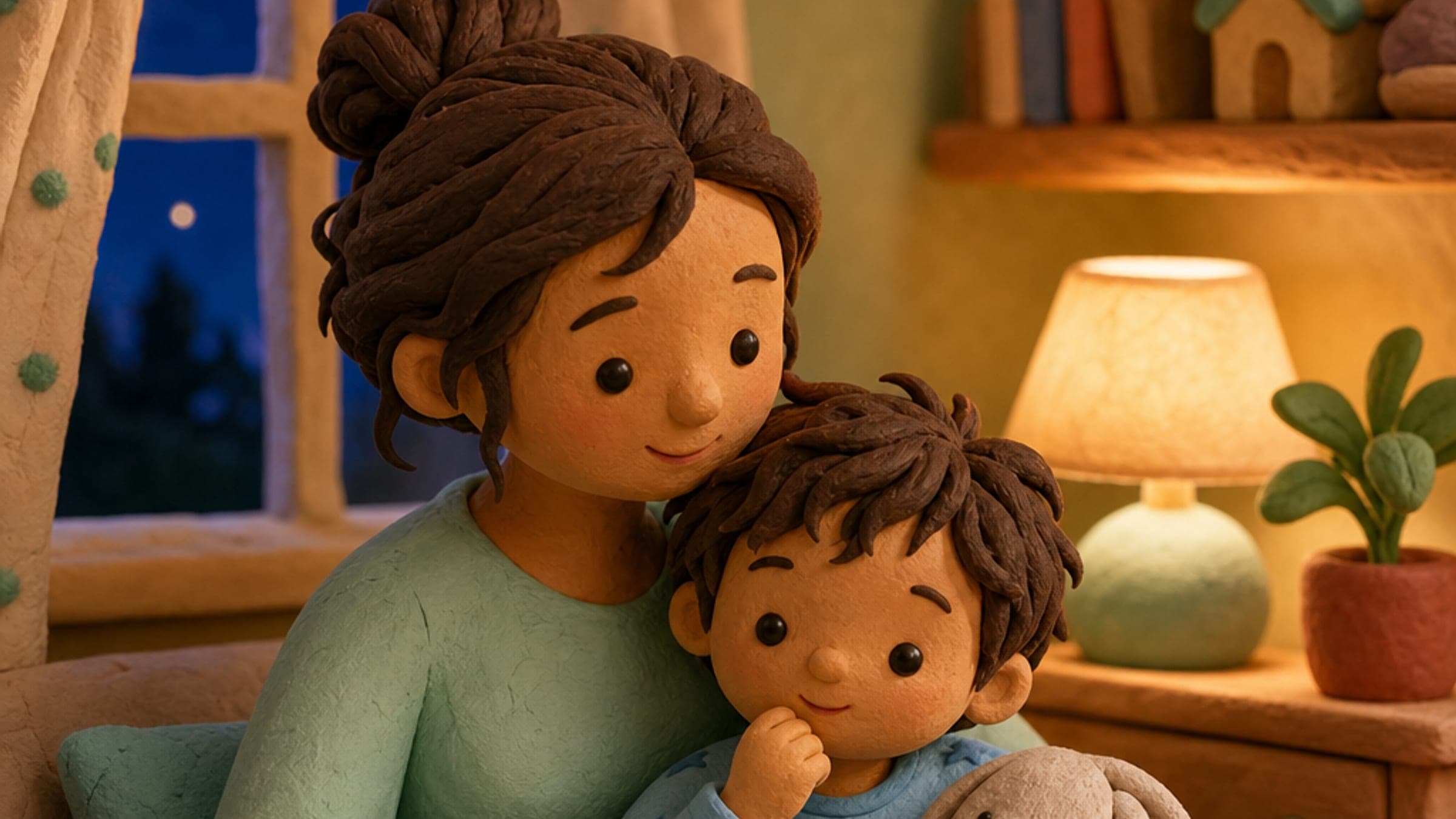 A caregiver holding a young child close at bedtime, the child's hand raised near their chin with a soft plush toy nearby, in a warm claymation storybook illustration
