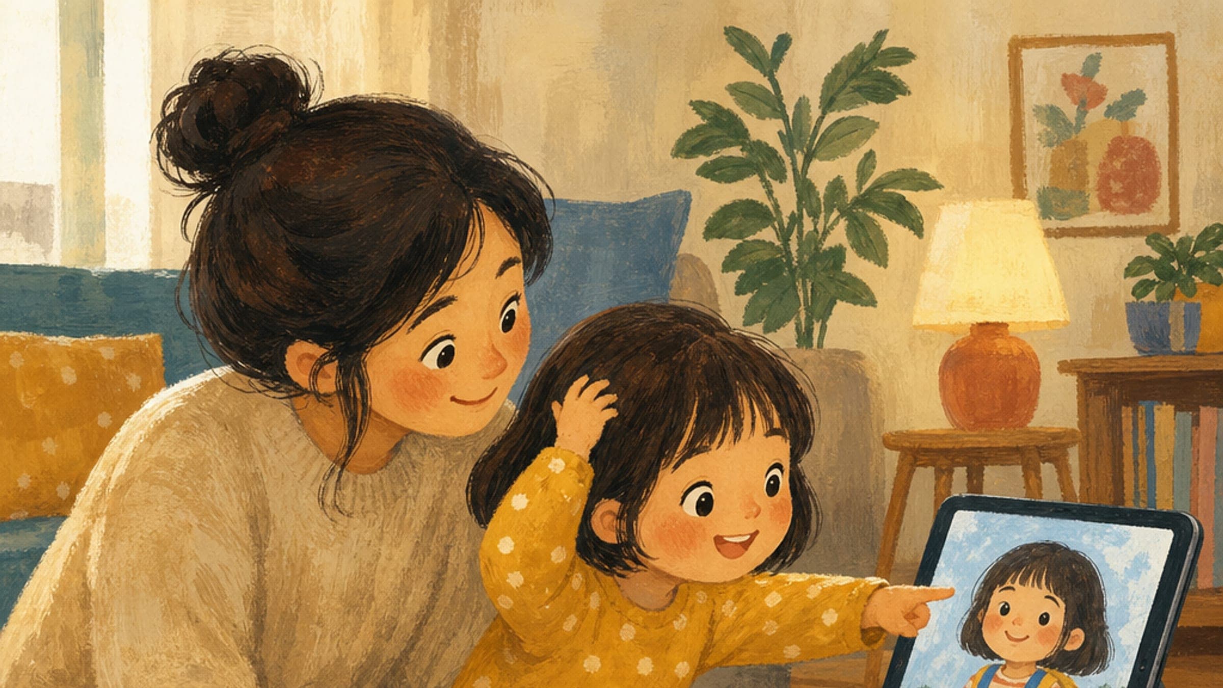 An East Asian mother and her toddler sit together on a sofa, the toddler pointing at an illustrated character of herself on a tablet while touching her own hair