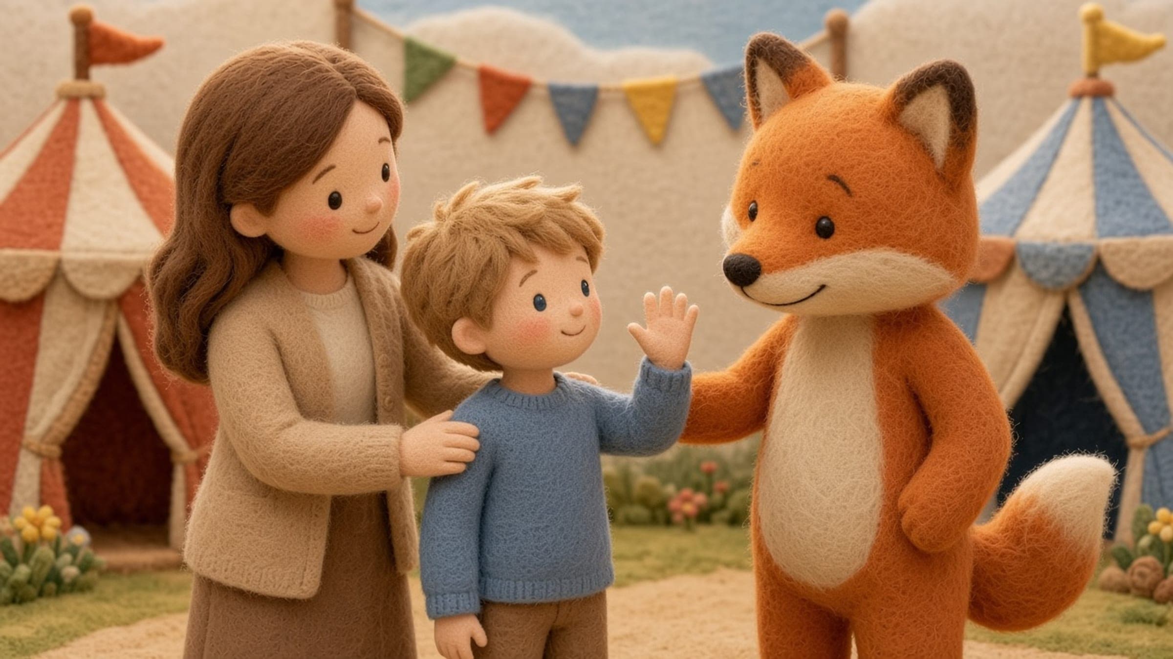 A White elementary-age boy with light fair skin, freckles, sandy-blond hair, and blue-gray eyes keeping a comfortable distance from a friendly costumed mascot at a fair, with a supportive adult nearby, in a plush-felt storybook illustration