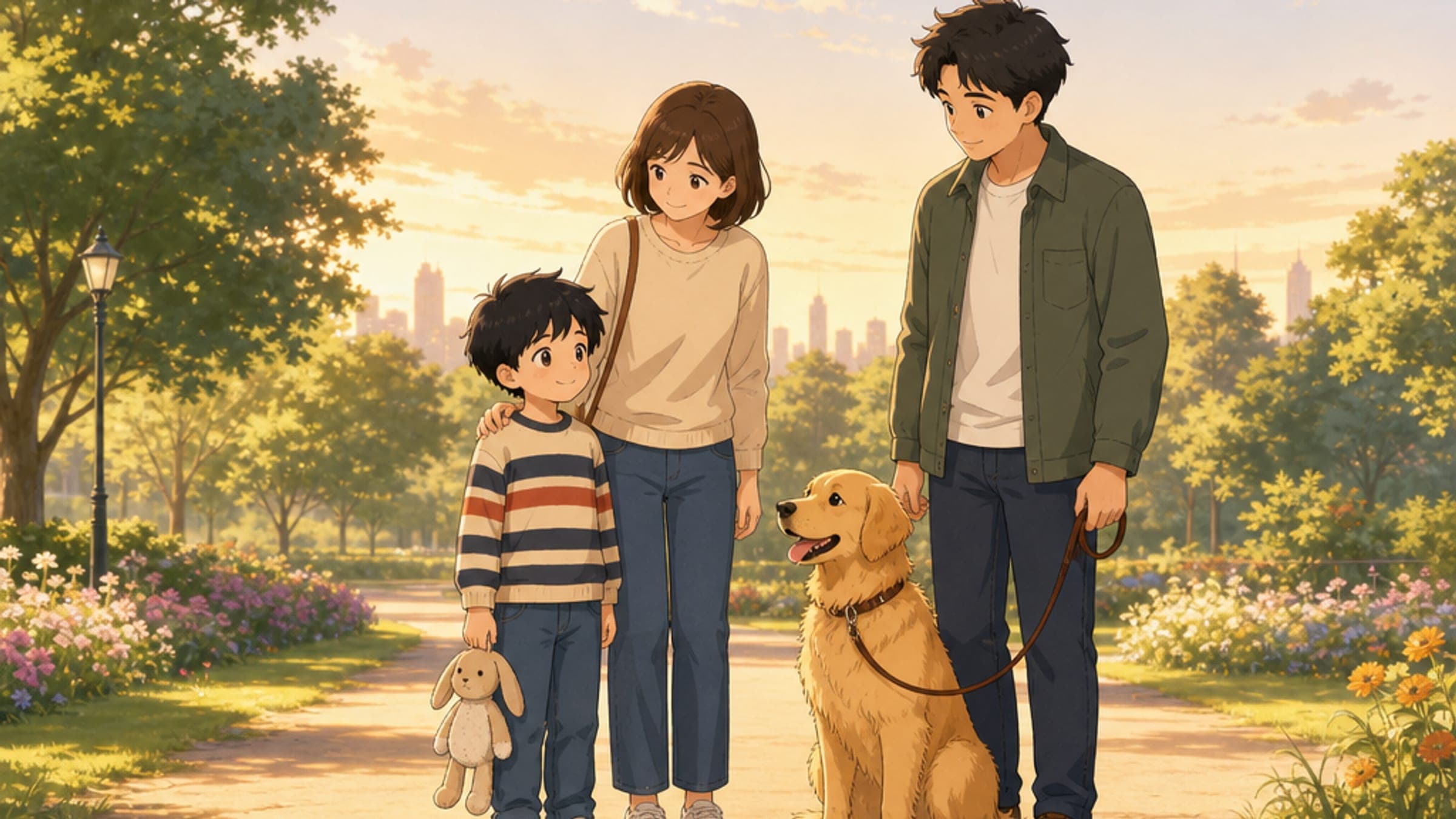 A boy standing calmly beside a grown-up and holding a stuffed rabbit, with a leashed golden retriever sitting a step away next to its own owner in a park, in a warm storybook illustration