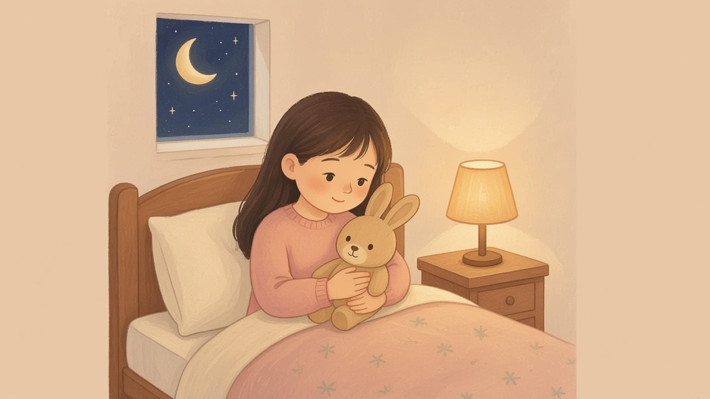 An East Asian elementary-age girl with light-to-medium warm skin, straight dark hair, and dark brown eyes sitting calmly in bed with a stuffed rabbit beside a warm nightlight, in a pastel-gouache storybook illustration