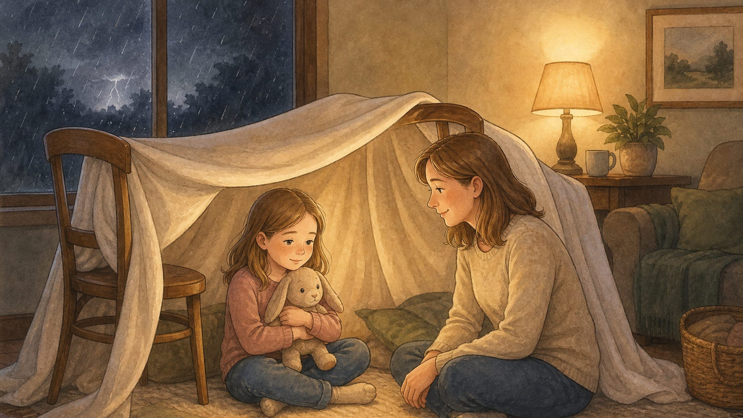 A White elementary-age girl with fair skin, freckles, and light brown wavy hair sitting calmly in a blanket fort with a parent nearby while rain shows through a closed window, in a classic picture-book illustration