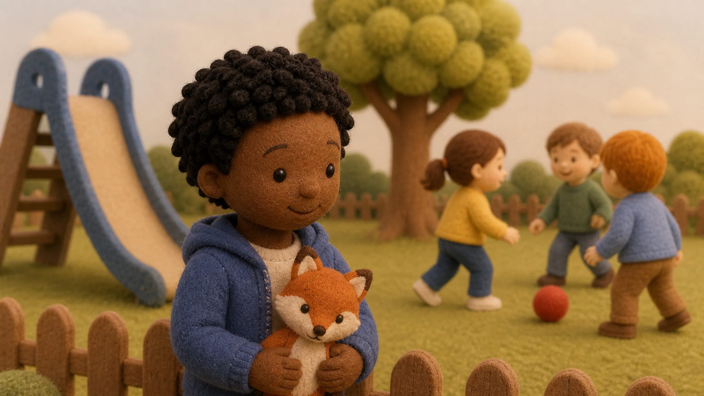 A Black elementary-age boy with dark brown skin, short black coily hair, and warm brown eyes standing at the edge of a school playground, looking hopefully toward a game he wants to join, a small stuffed fox in his hands, in a plush-felt storybook illustration