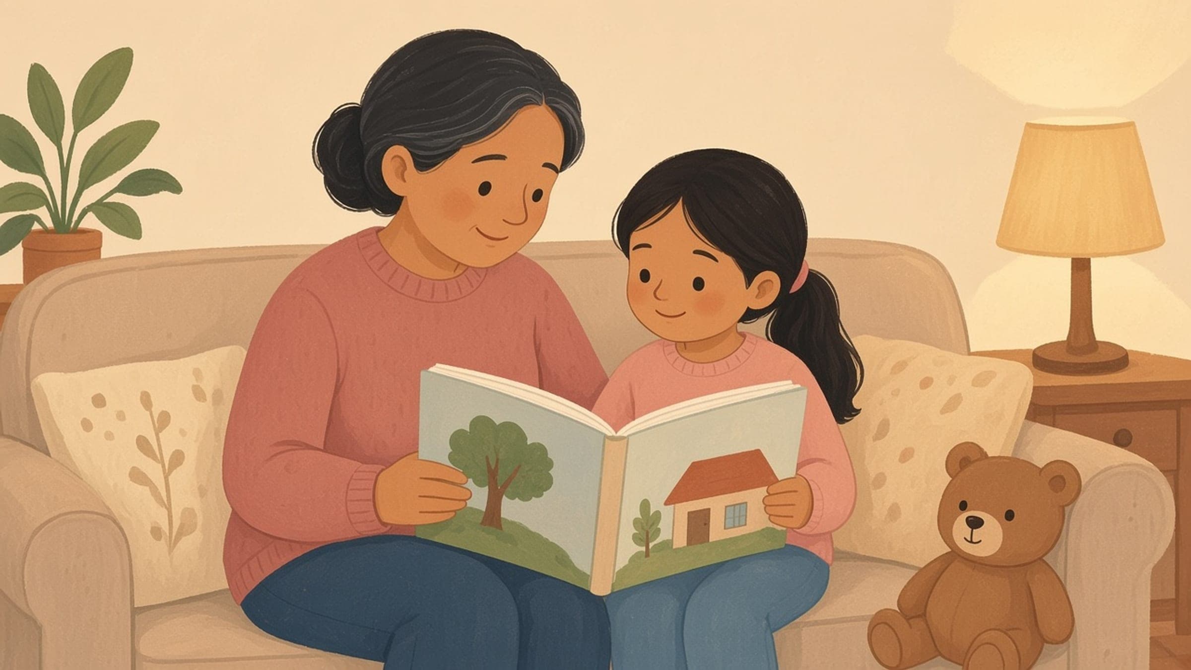 A South Asian elementary-age girl with warm medium-brown skin, dark brown eyes, and long straight black hair in a low ponytail sitting close with a grandmother during a cozy living-room reading moment, in a pastel gouache storybook illustration