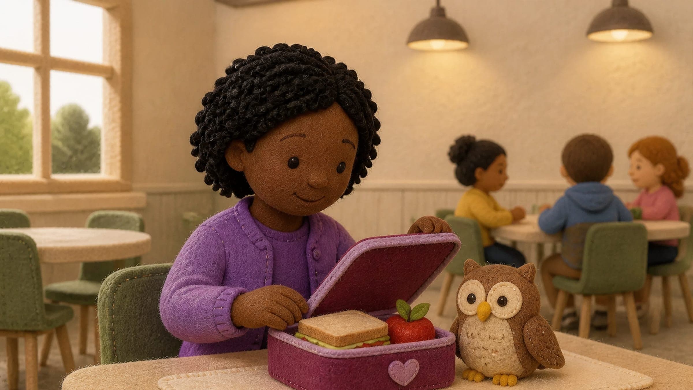A Black elementary-age girl sitting alone with calm dignity at a school cafeteria table, a felt lunchbox and small stuffed owl in front of her, in a plush-felt storybook illustration