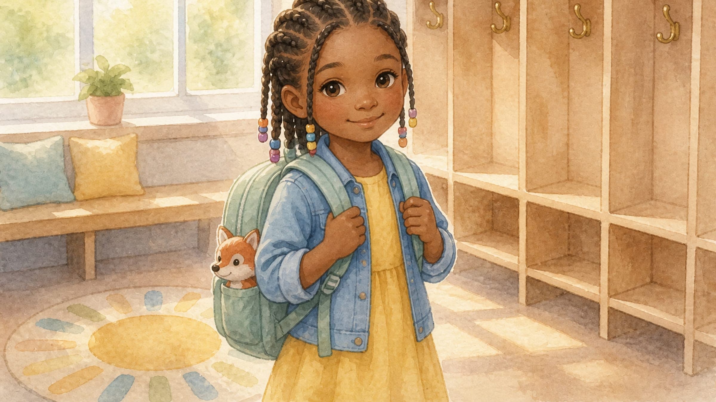A Black elementary-age girl with medium-dark brown skin, dark coily hair in neat braids, and warm brown eyes standing near classroom cubbies with a backpack in soft morning light, in a watercolor storybook illustration