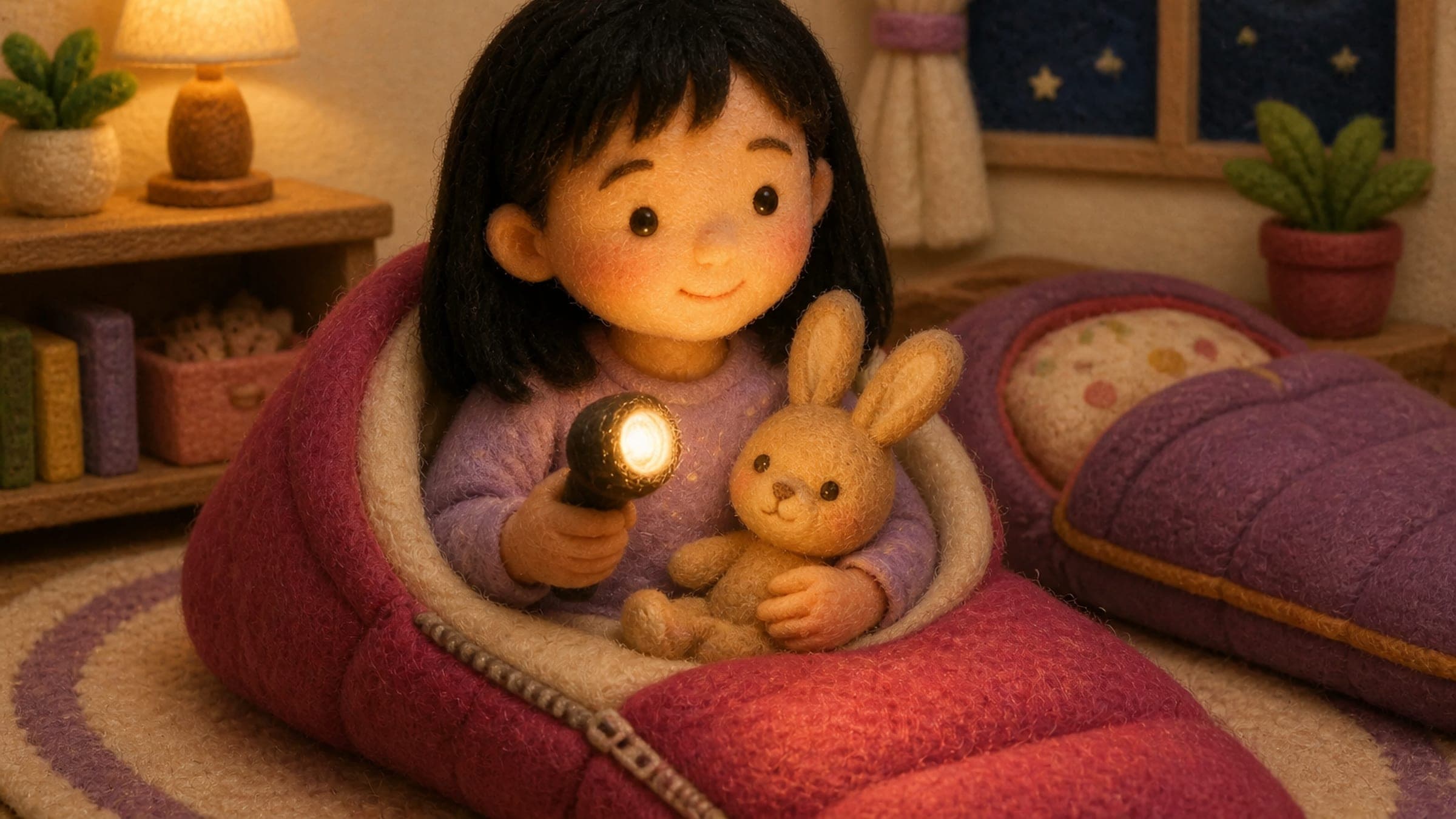 An East Asian elementary-age girl with light-medium warm skin, straight black hair with soft bangs, and brown eyes cozy in a sleeping bag with a small flashlight and stuffed rabbit at a friend's house, in a plush-felt storybook illustration