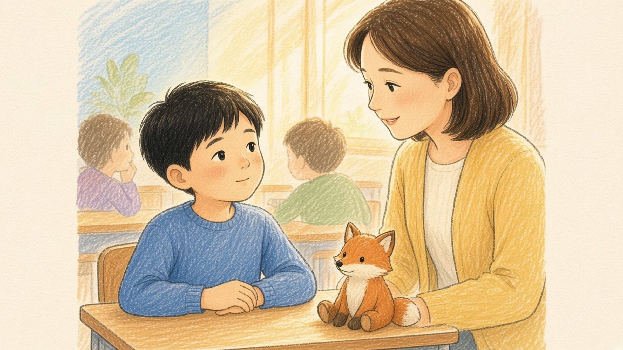 An East Asian elementary-age boy with light-medium warm East Asian skin, straight black hair, and dark brown eyes sitting at a classroom desk with a kind teacher nearby, in a crayon-sketch storybook illustration