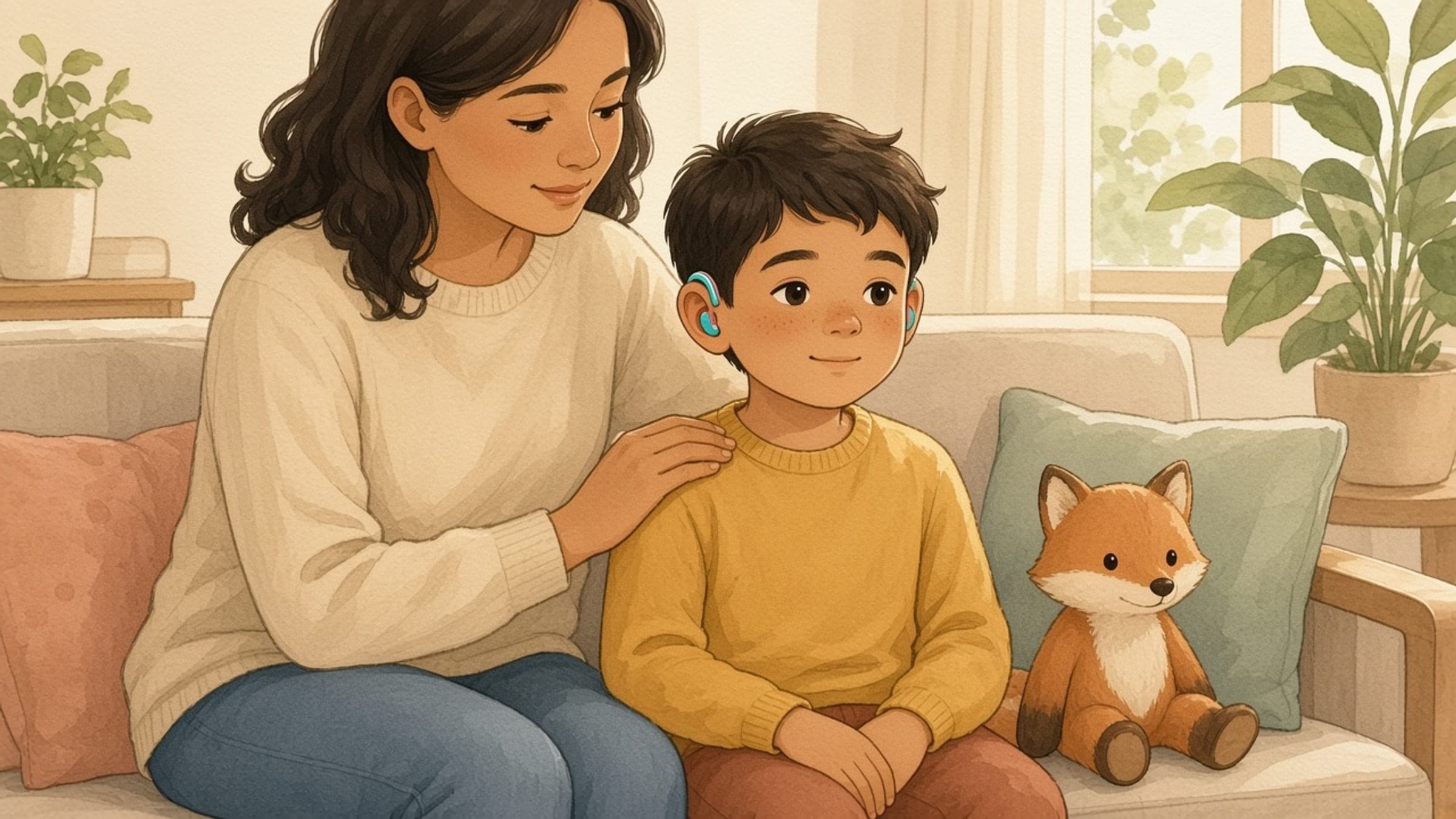 A Hispanic elementary-age boy with warm medium-brown skin, dark brown eyes, and short wavy dark brown hair wearing colorful hearing aids he chose, with a supportive adult nearby, in a soft watercolor storybook illustration