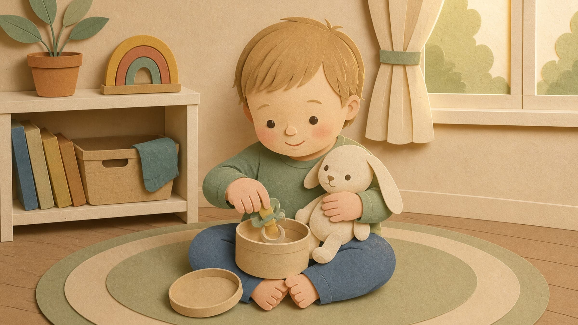A White toddler with fair skin and dirty-blonde hair calmly placing a pacifier into a small keepsake tin while holding a stuffed bunny, in a layered paper-cut storybook illustration