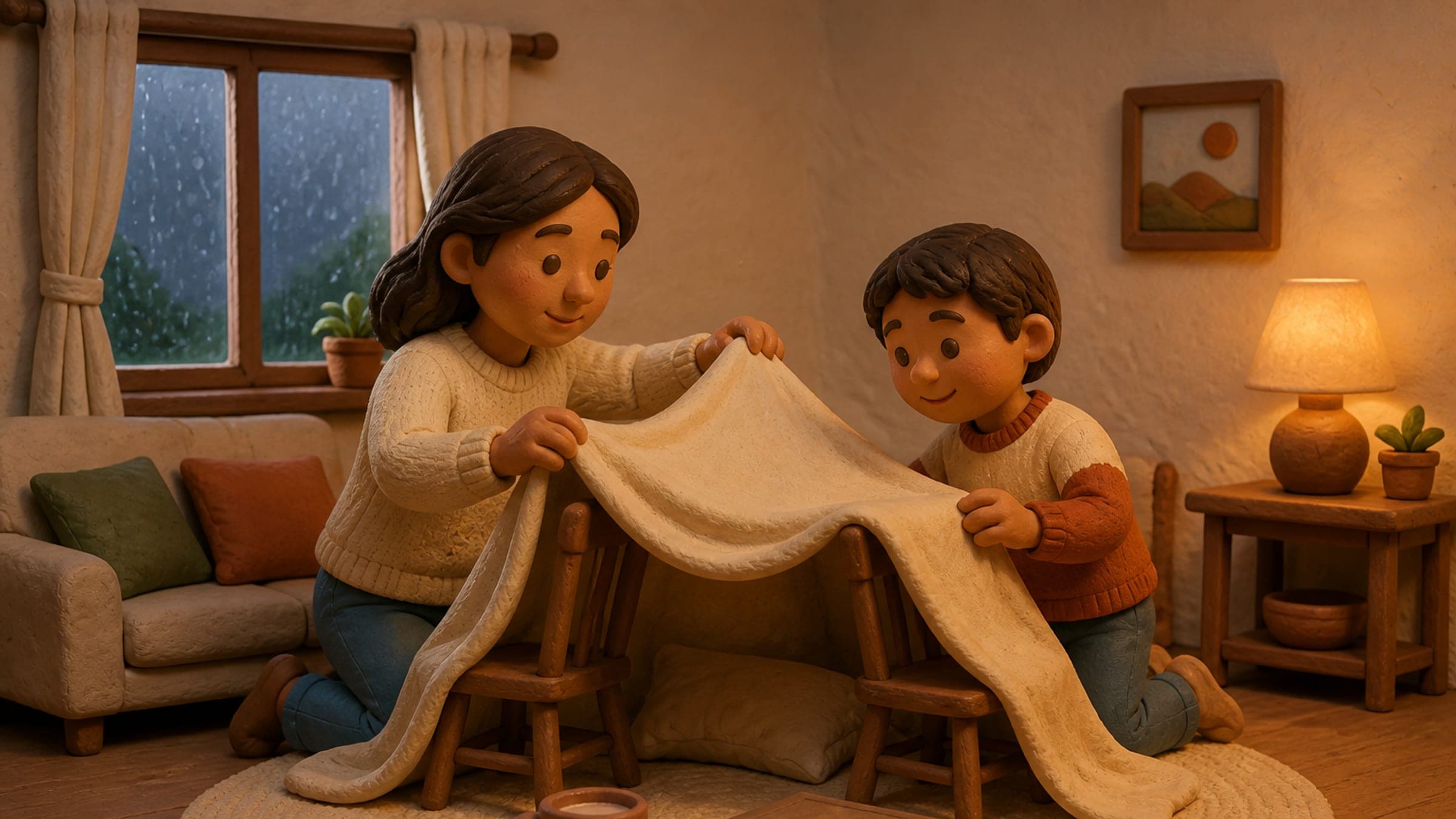 A Hispanic elementary-age boy with warm medium-brown skin and dark brown straight hair calmly building a blanket fort with a parent of the same family after rain cancelled an outdoor plan, in a claymation storybook illustration