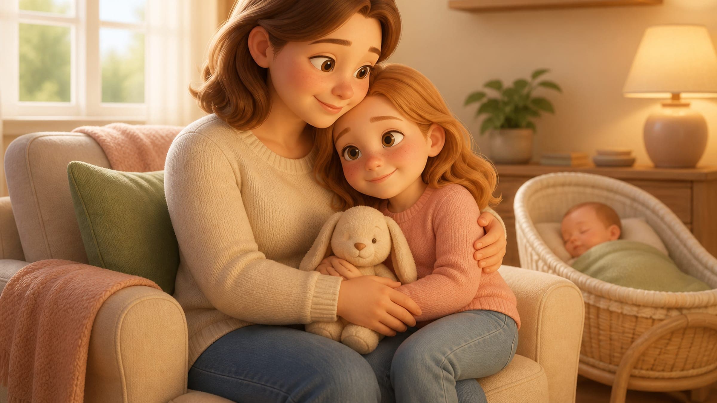 A White elementary-age girl with light fair skin, light freckles, strawberry-blonde hair, and hazel eyes getting calm one-on-one snuggle time with a parent while a baby sibling rests nearby, in a 3D storybook illustration