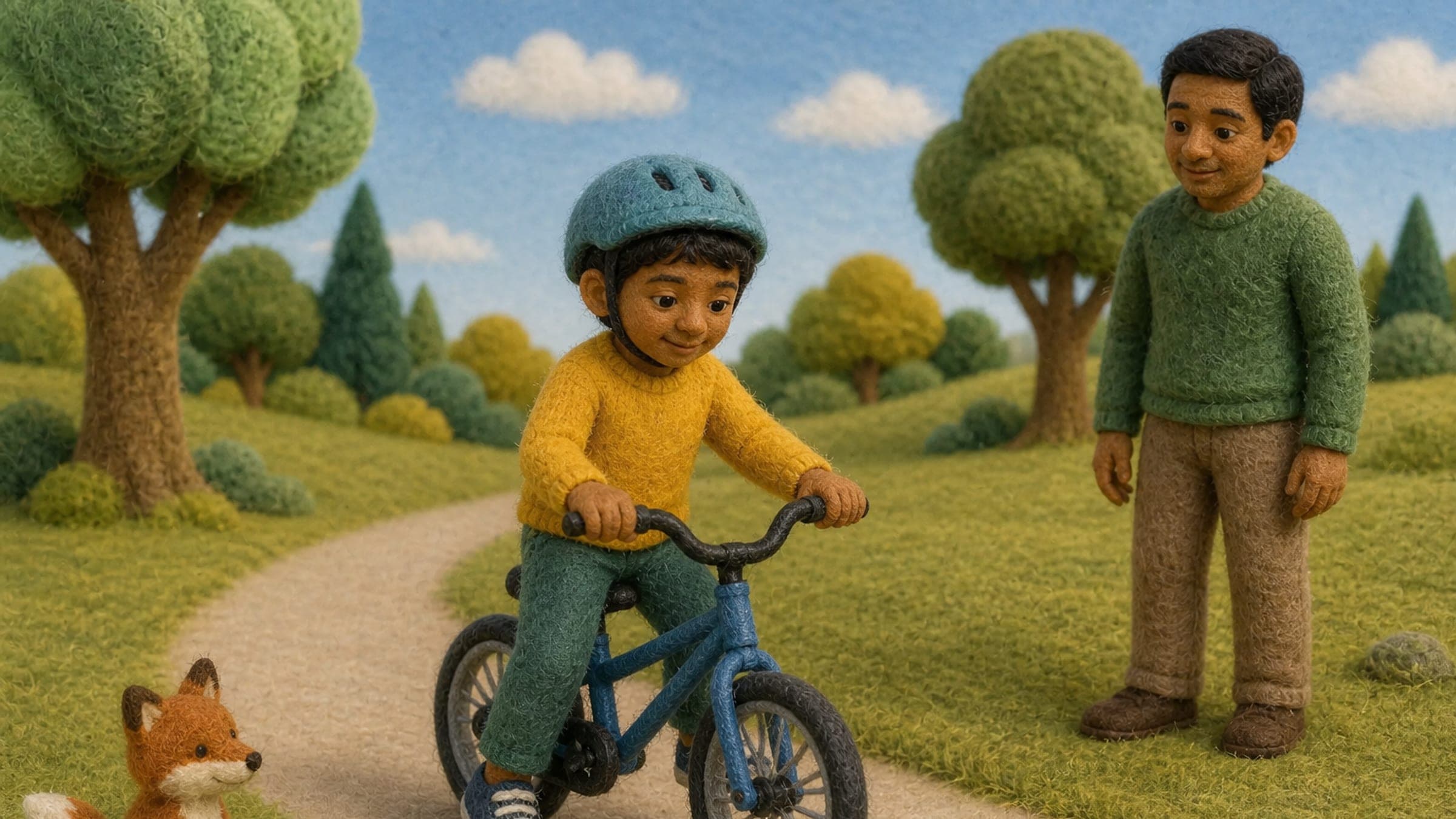 A South Asian elementary-age boy with warm medium-brown skin, short dark nearly-black hair, and brown eyes wearing a properly fitted bike helmet while practicing a balance glide on a bike in a traffic-free park path, in a plush-felt storybook illustration
