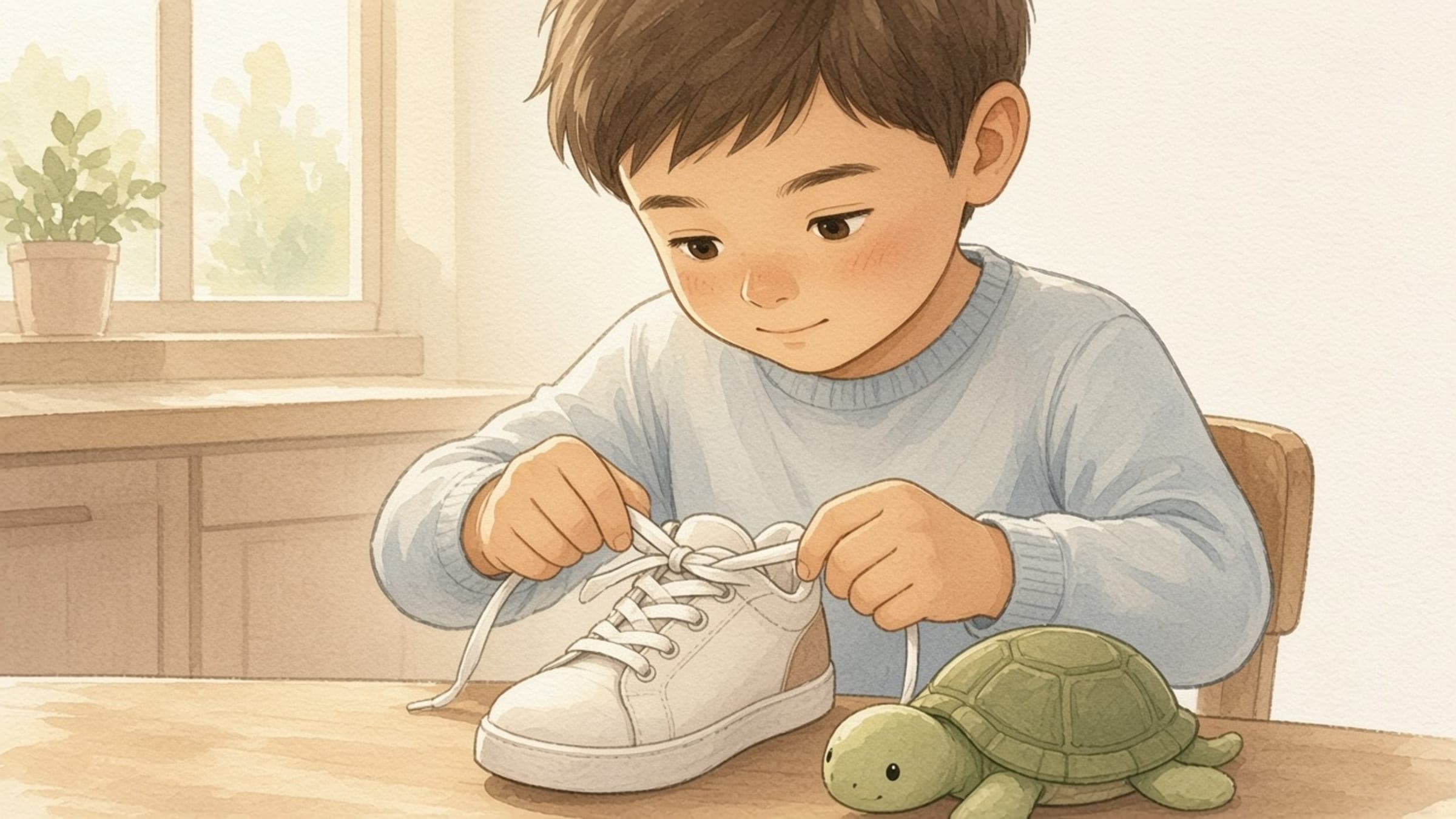 A Latino/Hispanic elementary-age boy with light-to-medium brown skin, short dark brown hair, and warm brown eyes sitting at a table, pulling the two loops of a sneaker tight to finish a bow, with a stuffed turtle nearby, in a soft watercolor storybook illustration