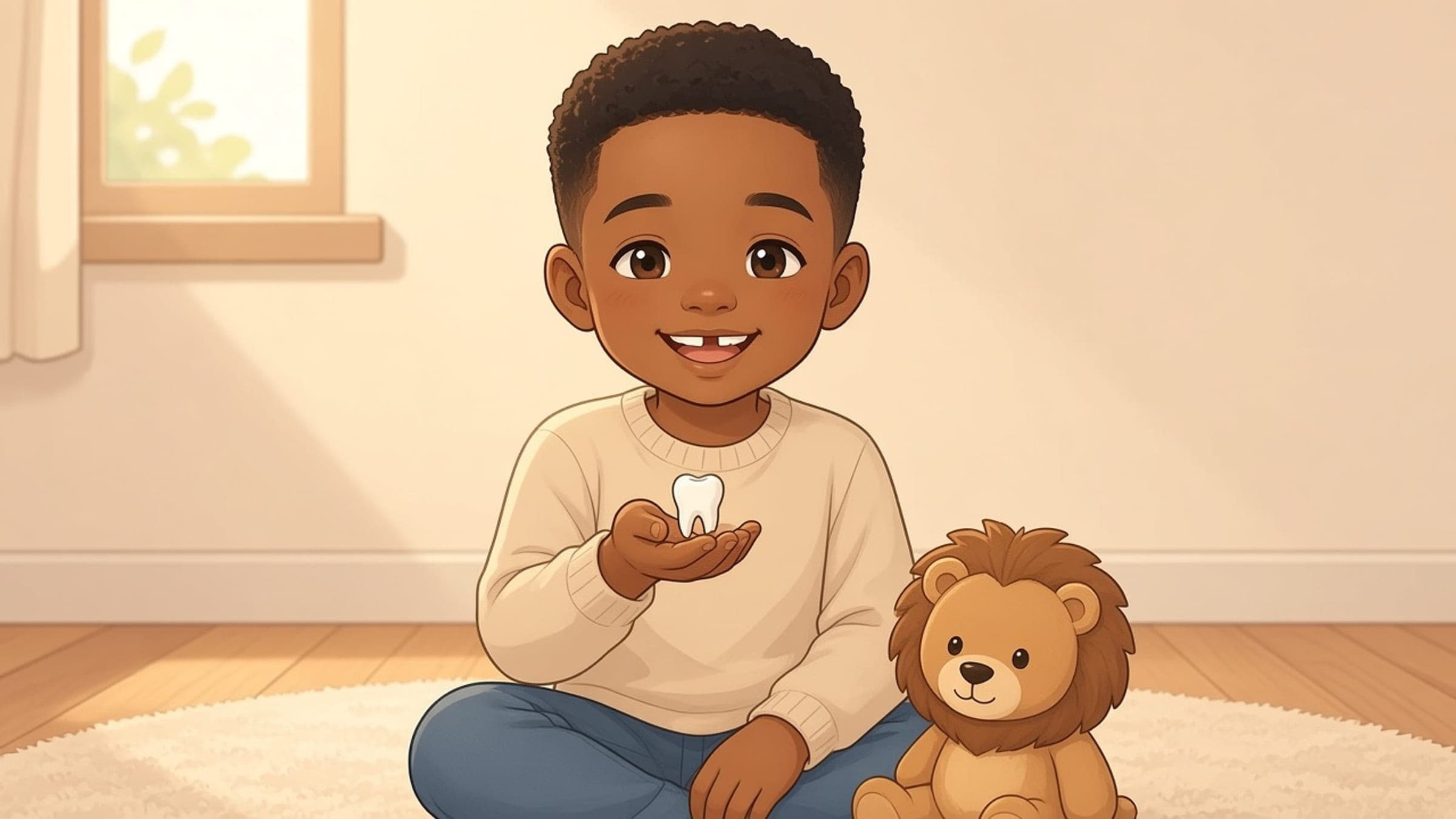 A Black / African American elementary-age boy with warm brown skin, short coily black hair, and a proud gap-toothed smile holding a tiny lost tooth beside a stuffed lion, in a soft anime-inspired storybook illustration