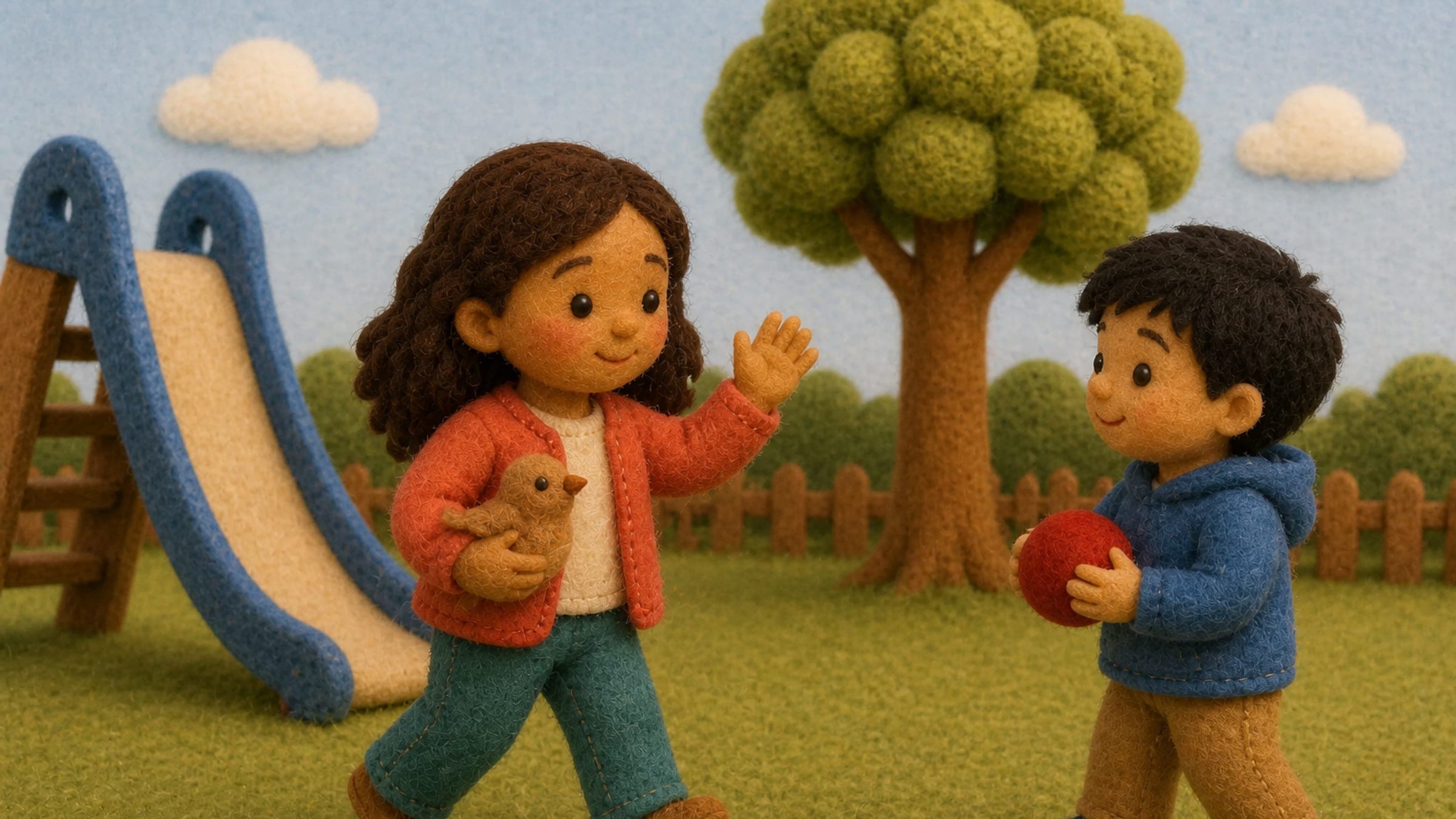 A Hispanic elementary-age girl with warm medium-brown skin, dark brown wavy shoulder-length hair, and brown eyes taking a small brave step toward another child on a playground, holding a stuffed bird, in a plush-felt storybook illustration