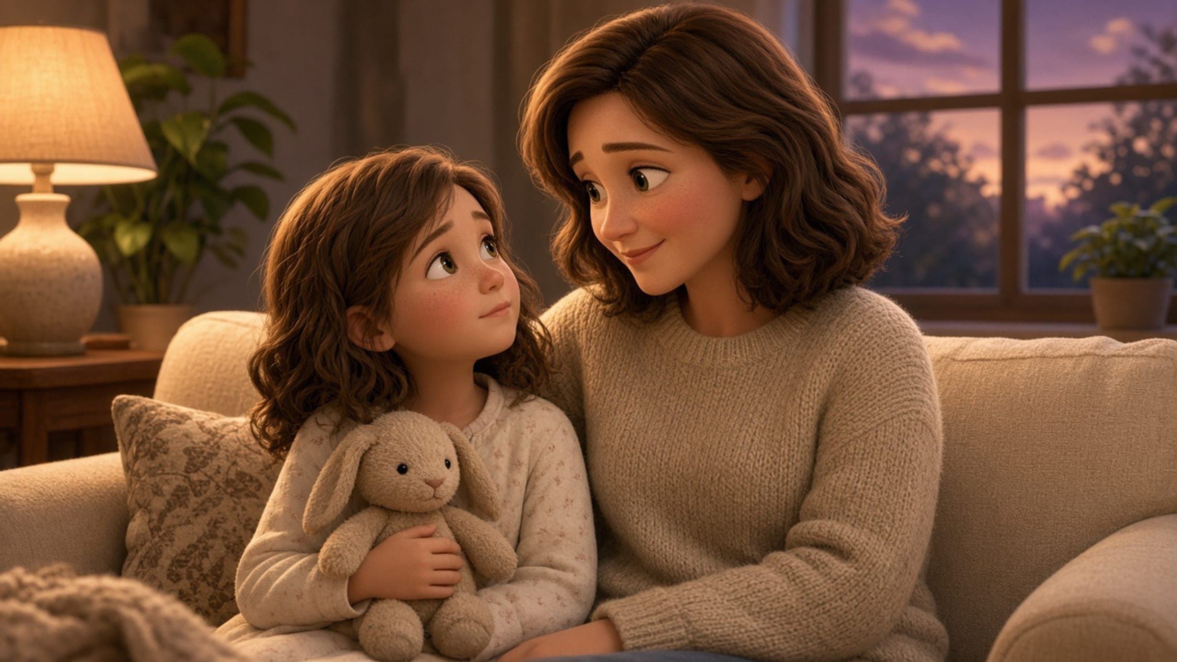 A White elementary-age girl with fair skin, light freckles, light brown wavy hair, and hazel-green eyes sitting on a living-room sofa with her mother, holding a stuffed rabbit, in a Storybook 3D illustration