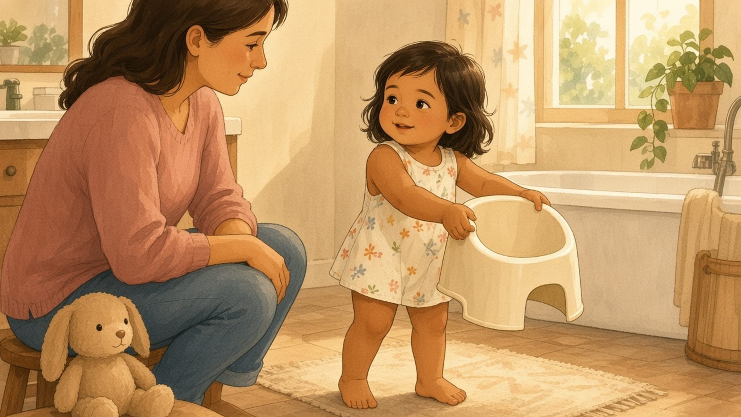 A Hispanic/Latino toddler girl with warm medium-brown skin, dark brown wavy hair, and soft facial features standing in a bathroom holding a child-size potty chair while a parent sits nearby, in a classic picture-book illustration