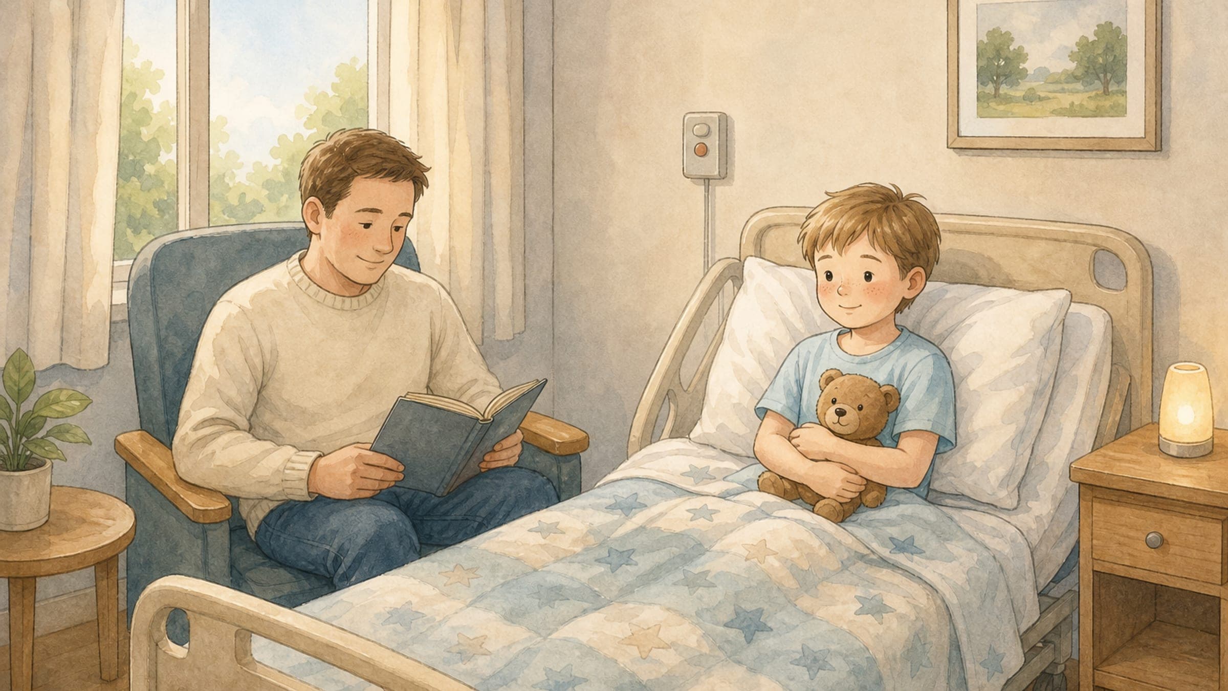 A White elementary-age boy with light fair skin, a few freckles, short sandy-brown hair, and blue-gray eyes sitting calmly in a hospital bed with a stuffed teddy bear, a parent reading in a chair nearby in soft daylight, in a classic picture-book illustration