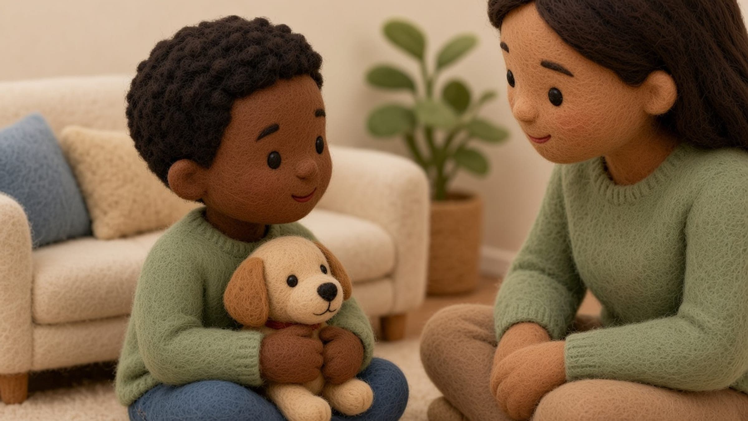A Black elementary-age boy with deep brown skin and short curly black hair holding a stuffed dog while talking honestly to a calm parent, in a plush-felt storybook illustration