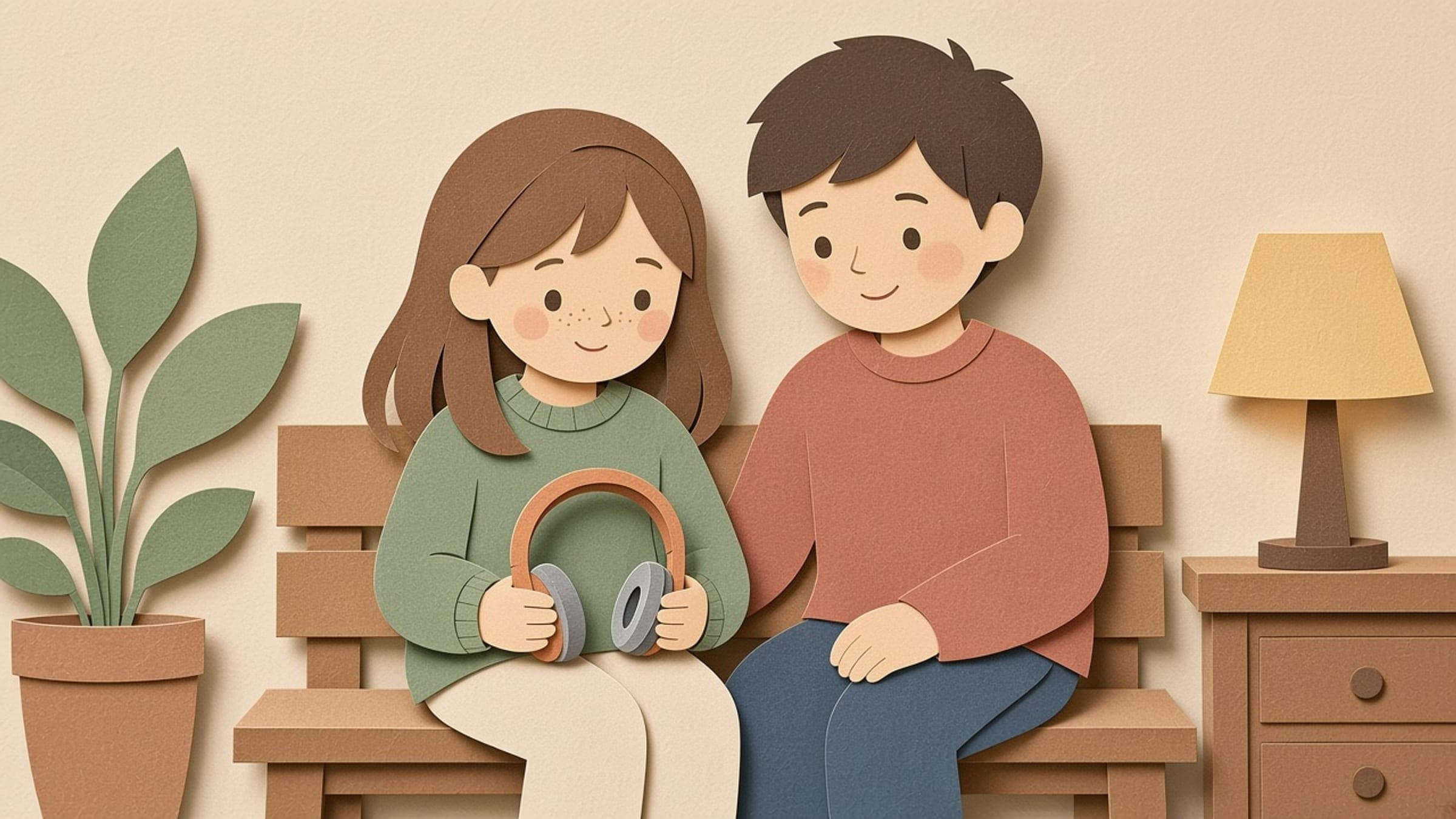 A White elementary-age girl with light fair skin, light freckles, and straight light-brown bangs sitting with a calm parent while holding child-sized over-ear headphones, in a paper-cut storybook illustration