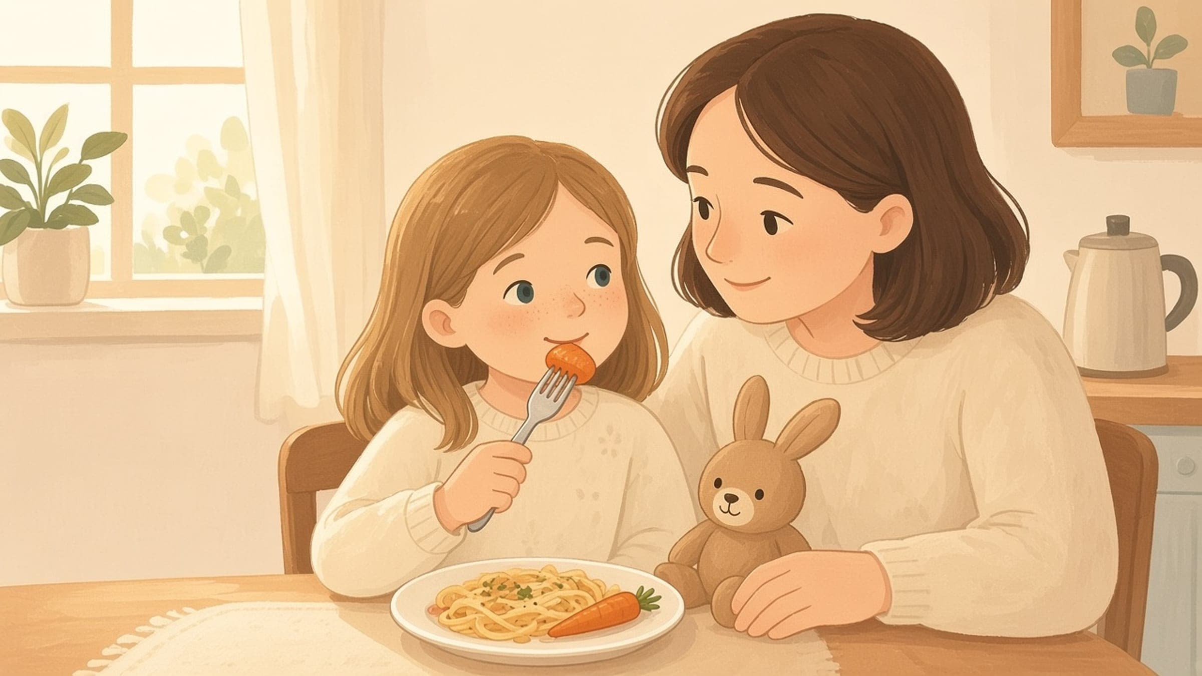 A White elementary-age girl with light fair skin, light freckles, straight light-brown hair, and hazel eyes sitting at a table looking calmly at one new food next to a familiar favorite, with a supportive adult nearby, in a pastel gouache storybook illustration
