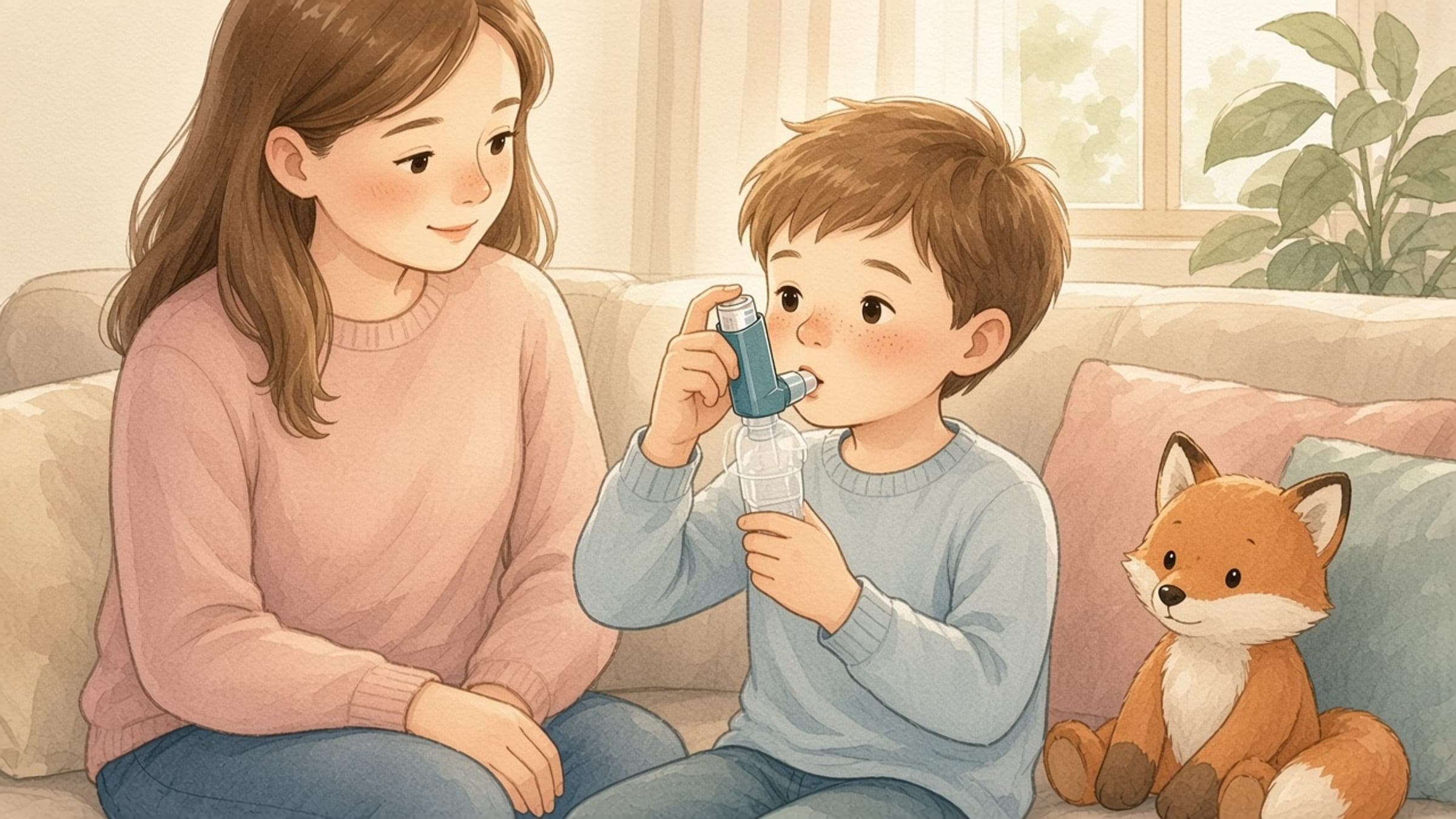 A White elementary-age boy with light fair skin, freckles, and short auburn hair using a metered-dose inhaler with a spacer while a parent sits nearby, in a soft watercolor storybook illustration