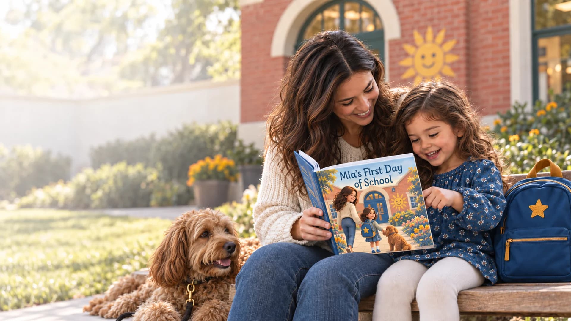 A mother and her young daughter reading a personalized first-day-of-school storybook outside the preschool pictured on its illustrated cover
