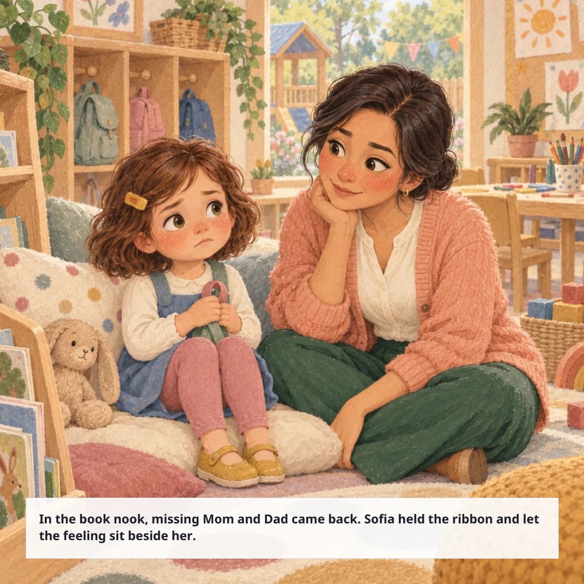 Sofia and her teacher naming a hard feeling at daycare