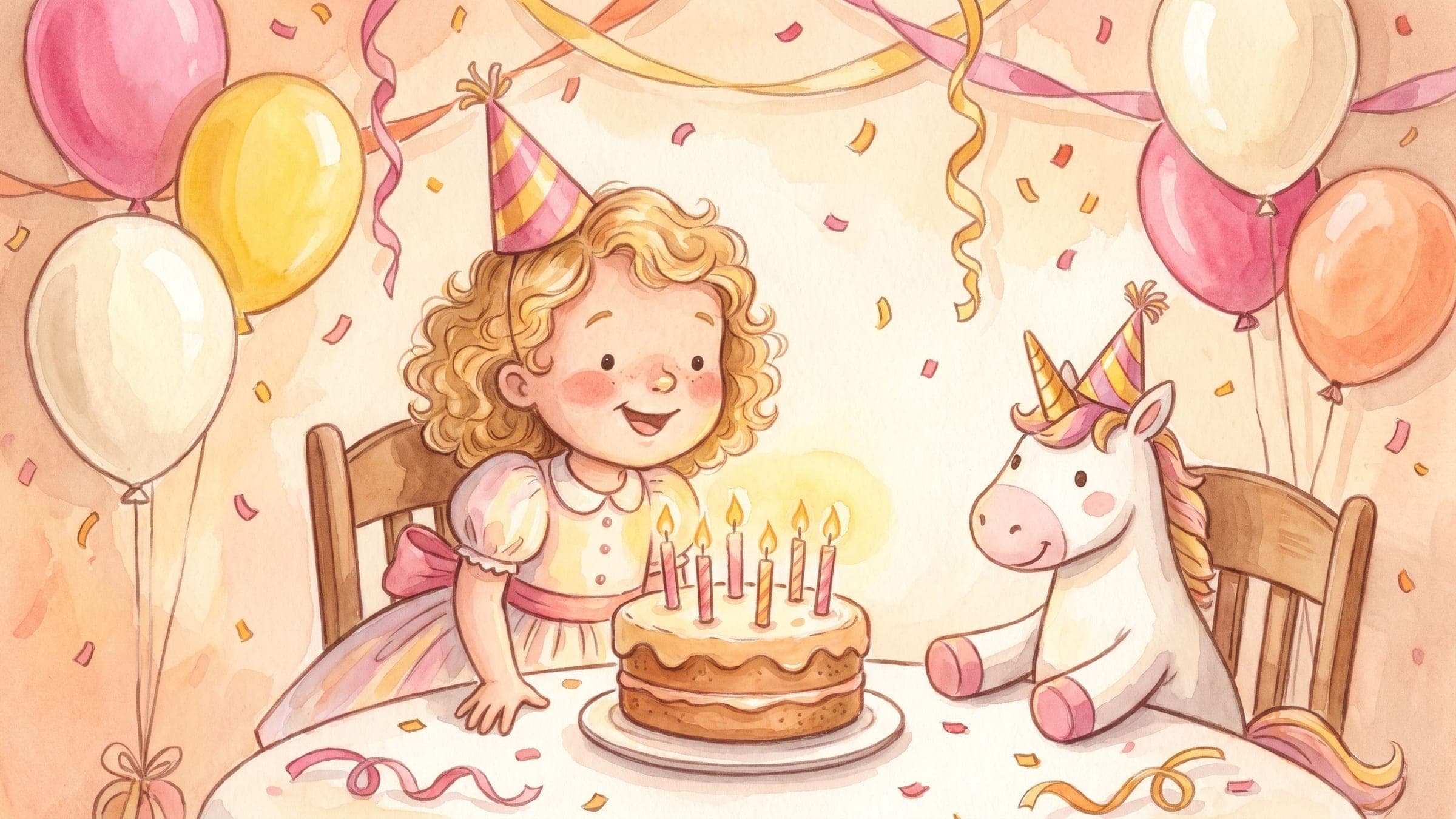 A joyful girl at her birthday party feeling big, with a candlelit cake, balloons, and a stuffed unicorn, in a warm storybook illustration