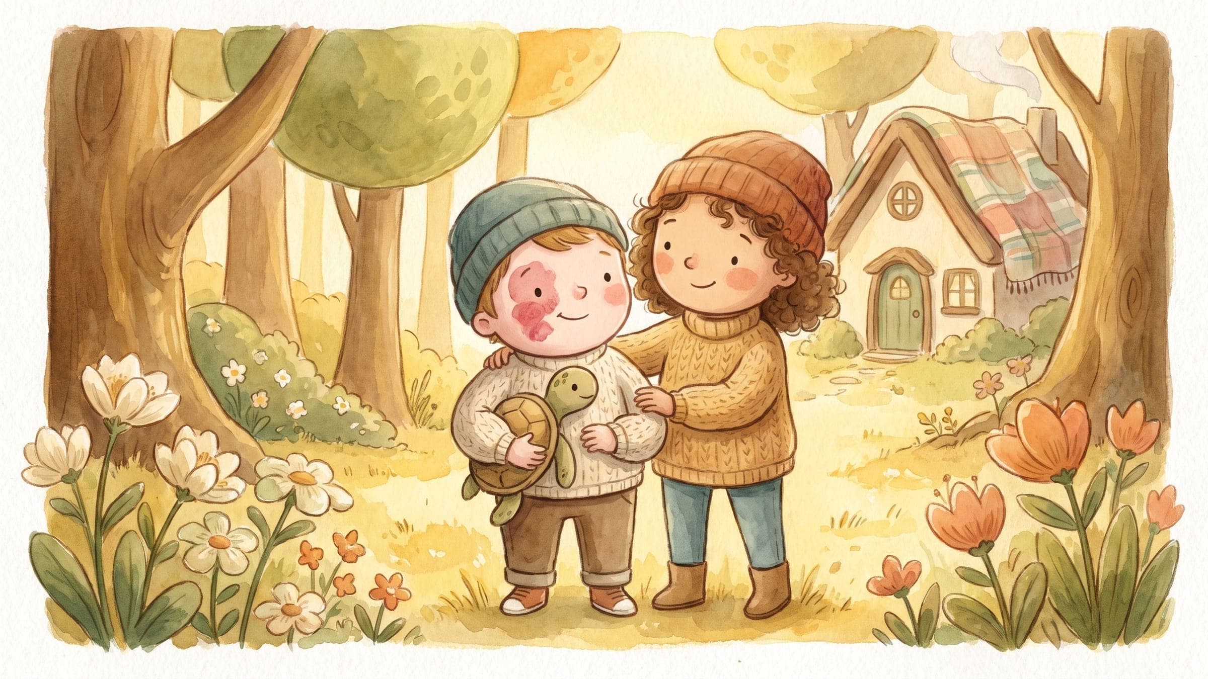 A confident proud boy with a visible birthmark standing tall with a supportive friend and a stuffed turtle, in a warm storybook illustration