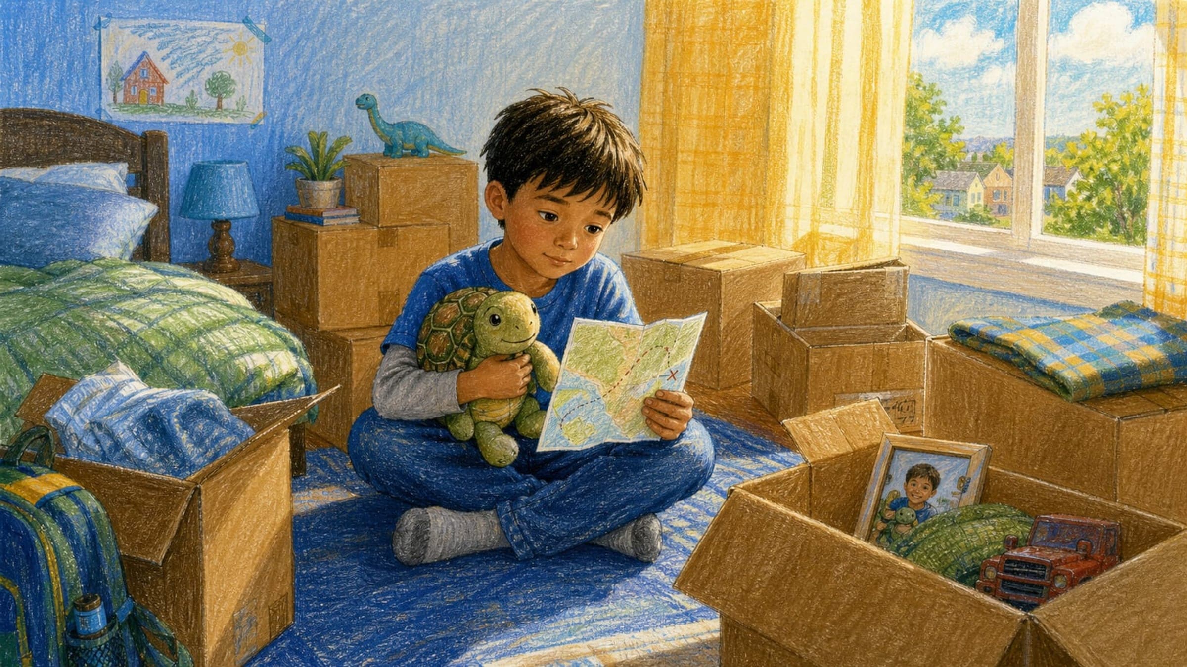 A boy among moving boxes in a new room holding a map and a stuffed turtle, hopeful about a big move, in a warm storybook illustration