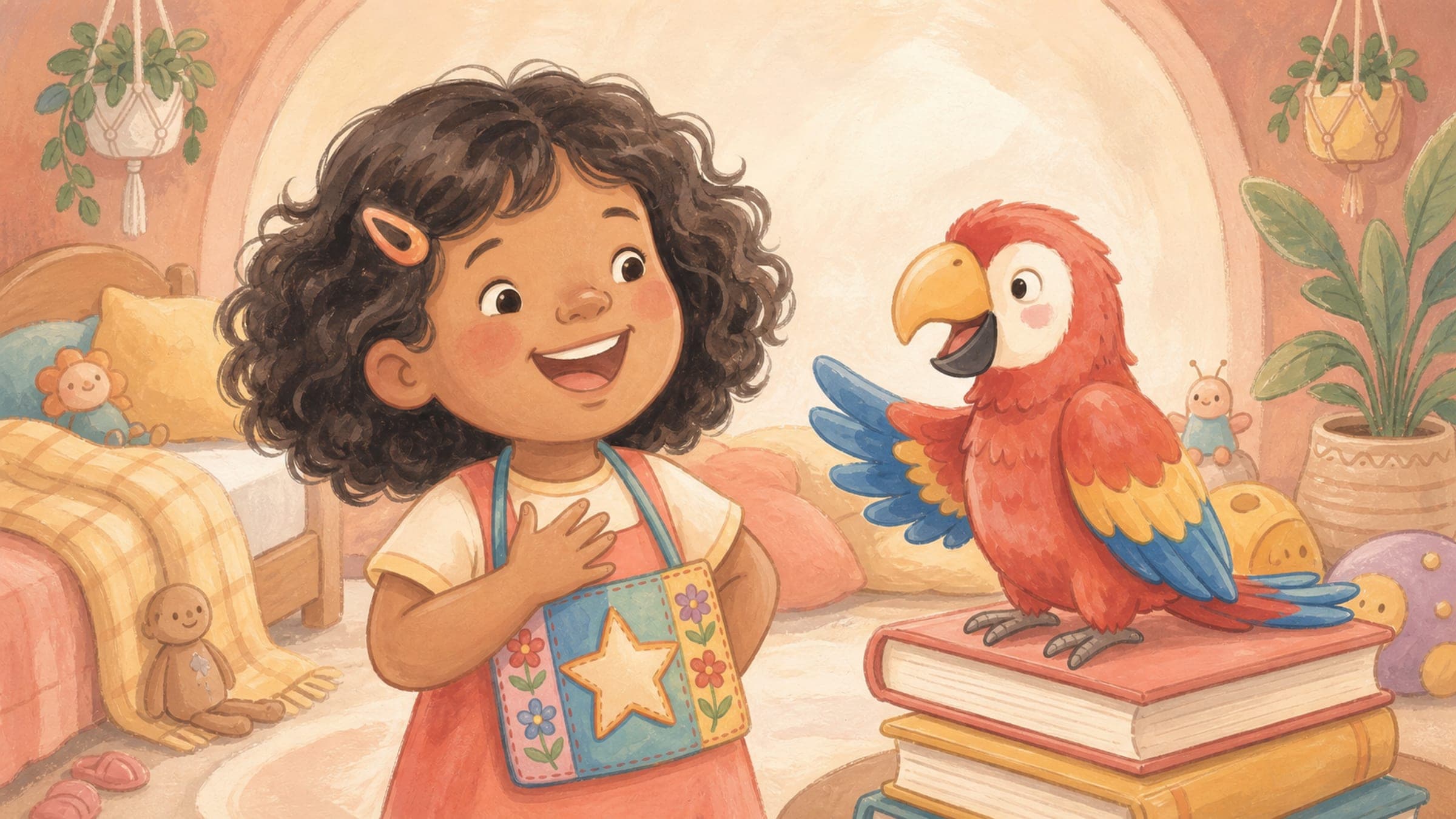A proud girl introducing herself with a colorful name tag and a stuffed parrot, in a warm storybook illustration