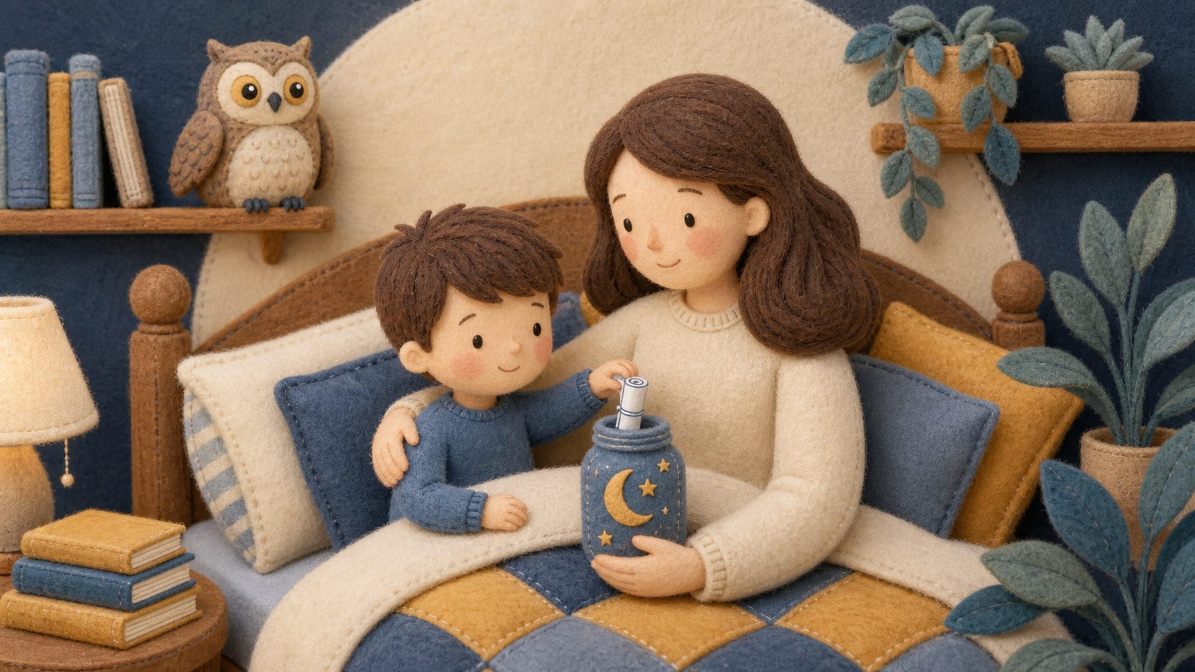 A boy placing a worry into a worry jar with a loving parent and a stuffed owl at bedtime, in a warm storybook illustration