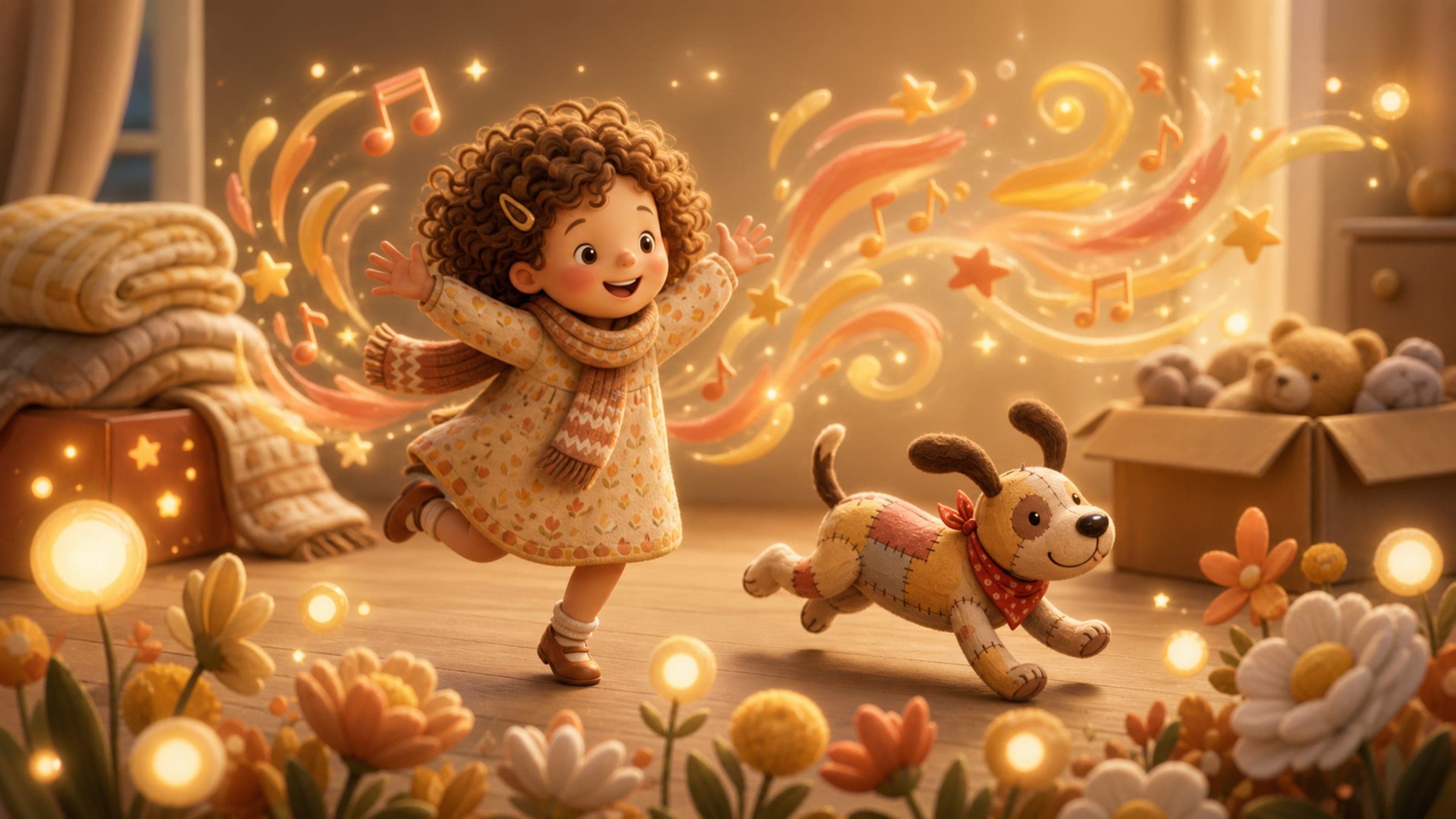 An energetic joyful girl channeling her energy creatively, mid-leap, with a spirited stuffed dog, in a warm storybook illustration