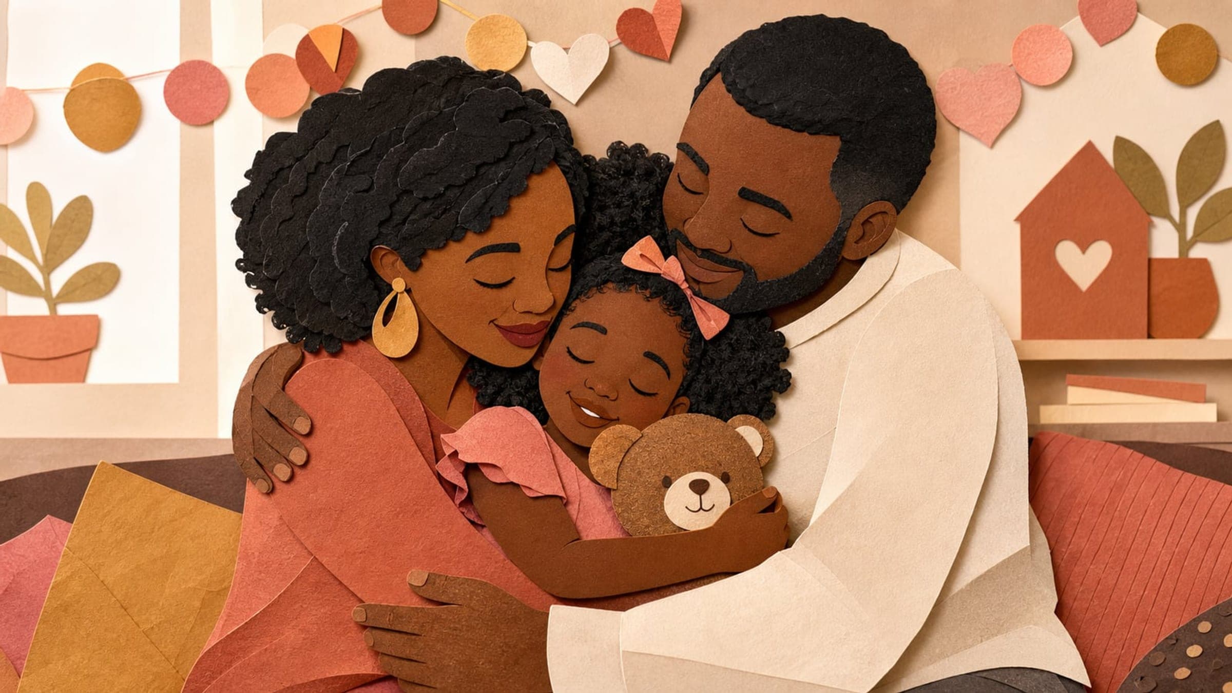 A child held by family members during an adoption-day gathering with balloons and a stuffed bear, in a warm paper-cut illustration