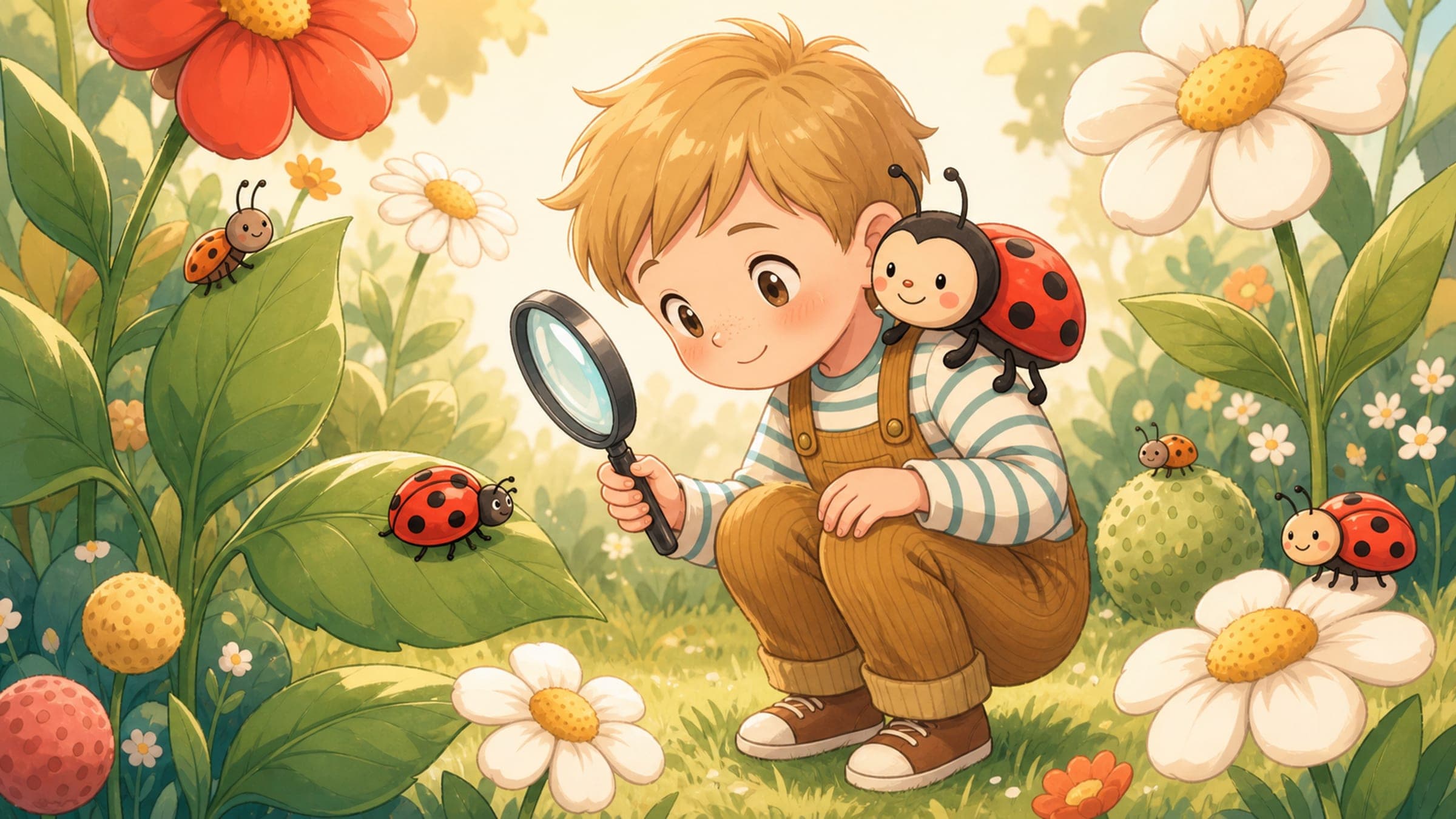 A curious boy examining a friendly ladybug with a magnifying glass in a garden, in a warm storybook illustration