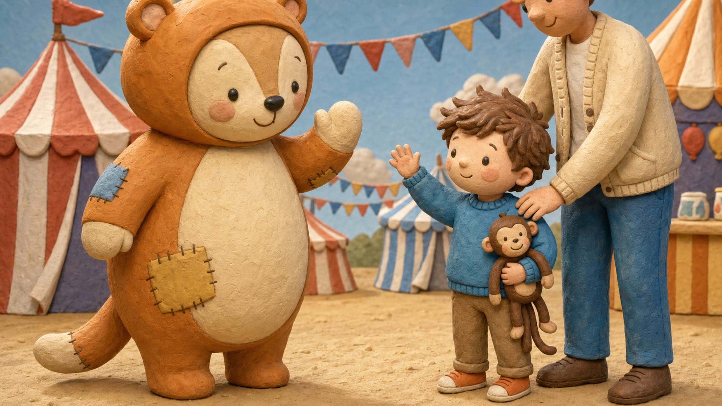 A boy confidently waving at a friendly costumed mascot from a distance with a parent nearby, in a warm storybook illustration