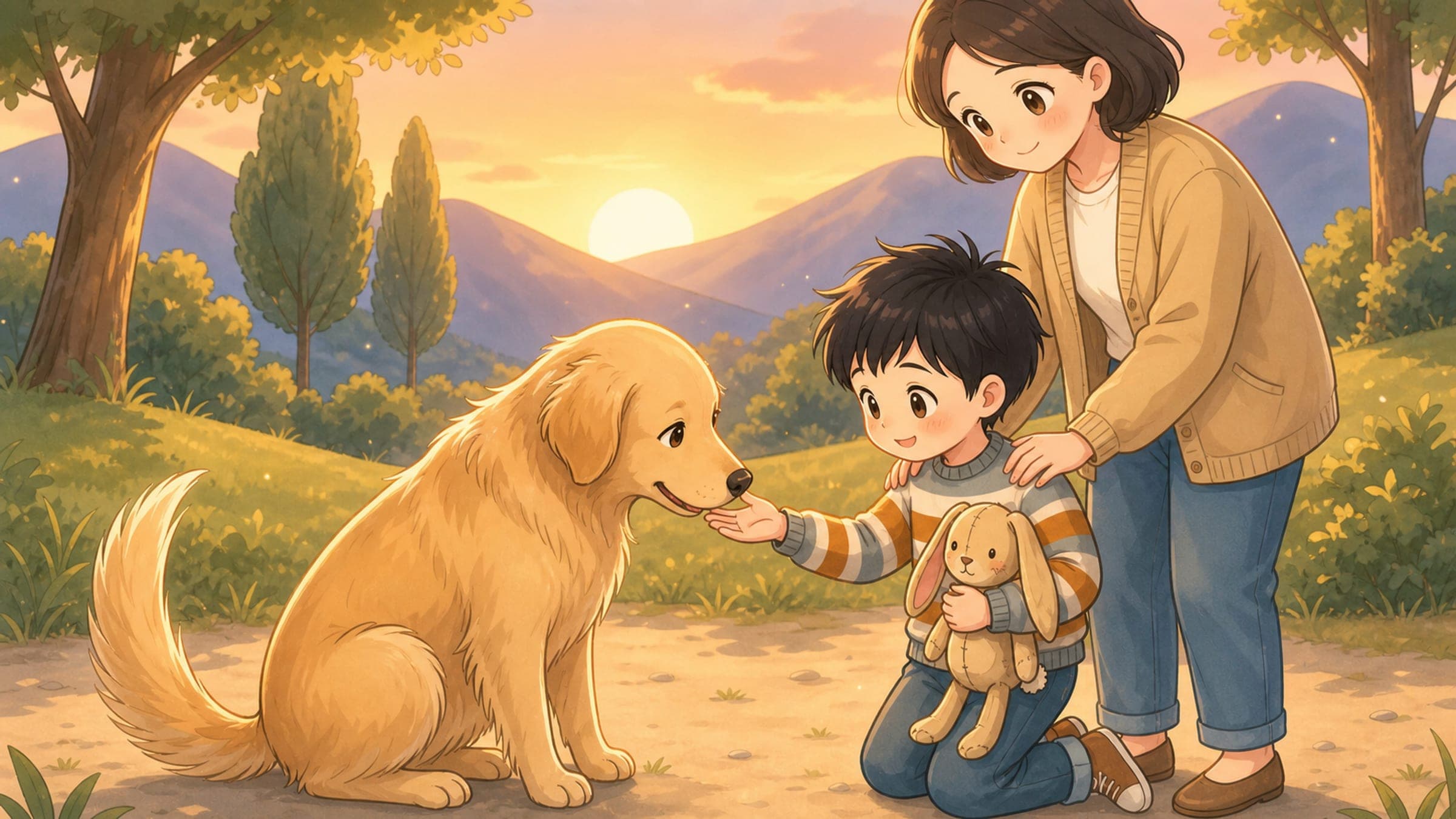 A boy bravely offering his hand to a calm friendly dog in a park with a grown-up nearby, in a warm storybook illustration