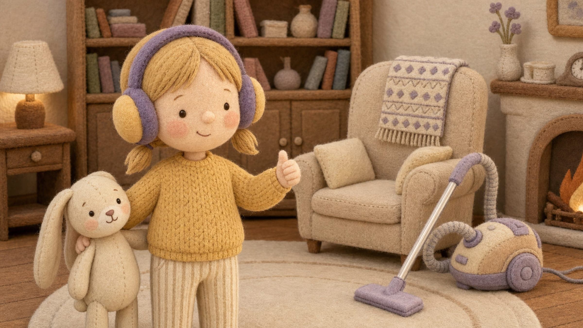 A confident girl wearing ear protection headphones giving a thumbs up near a vacuum with a plush rabbit, in a warm storybook illustration