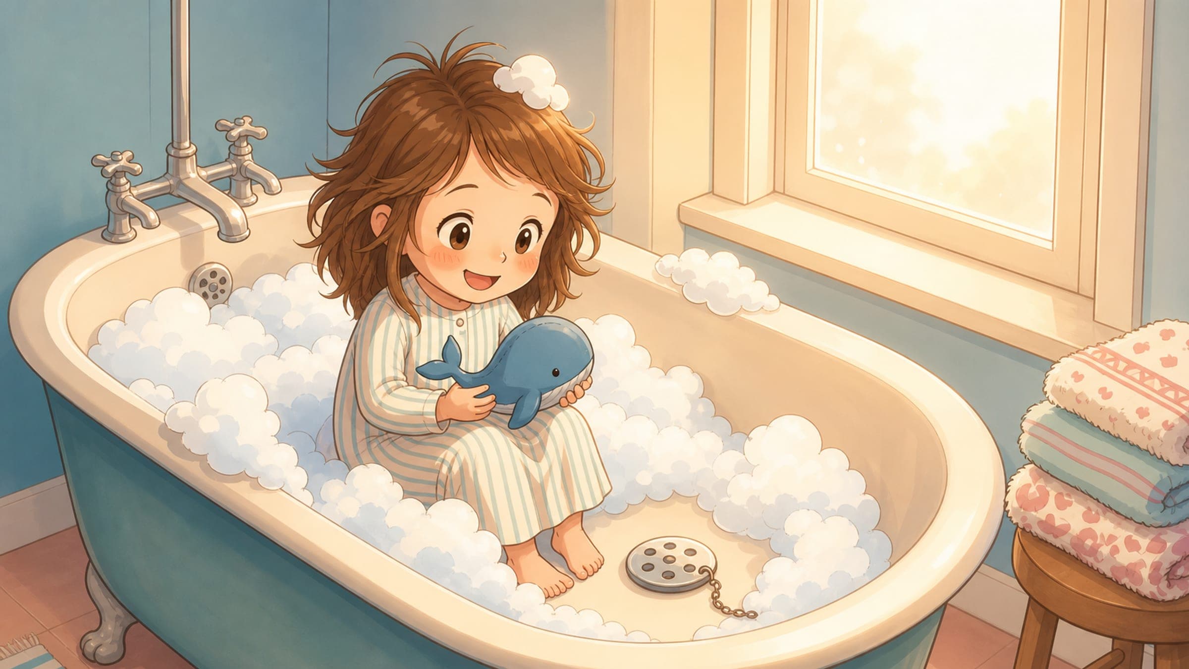 A calm happy girl in a bubble bath holding a toy whale near the drain, in a warm storybook illustration