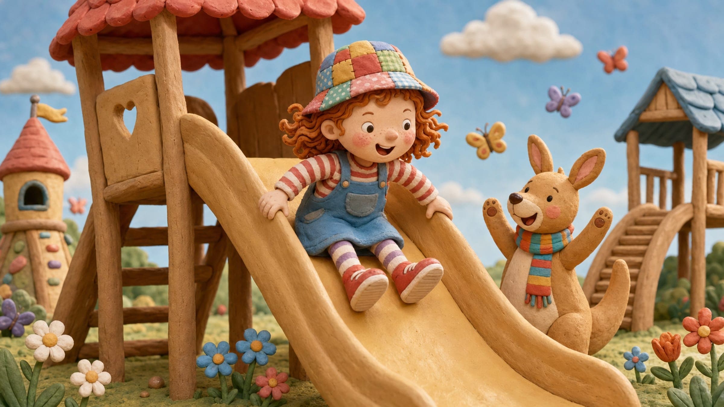 A brave girl at the top of a big slide ready to go down with a stuffed kangaroo cheering, in a warm storybook illustration