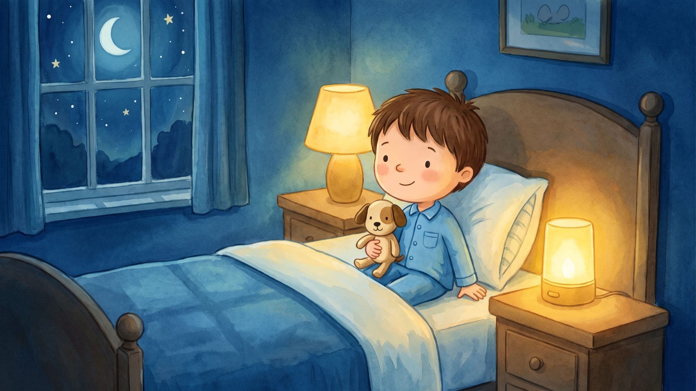 A brave boy sitting up in bed at night holding a stuffed dog beside a warm glowing nightlight, in a gentle storybook illustration