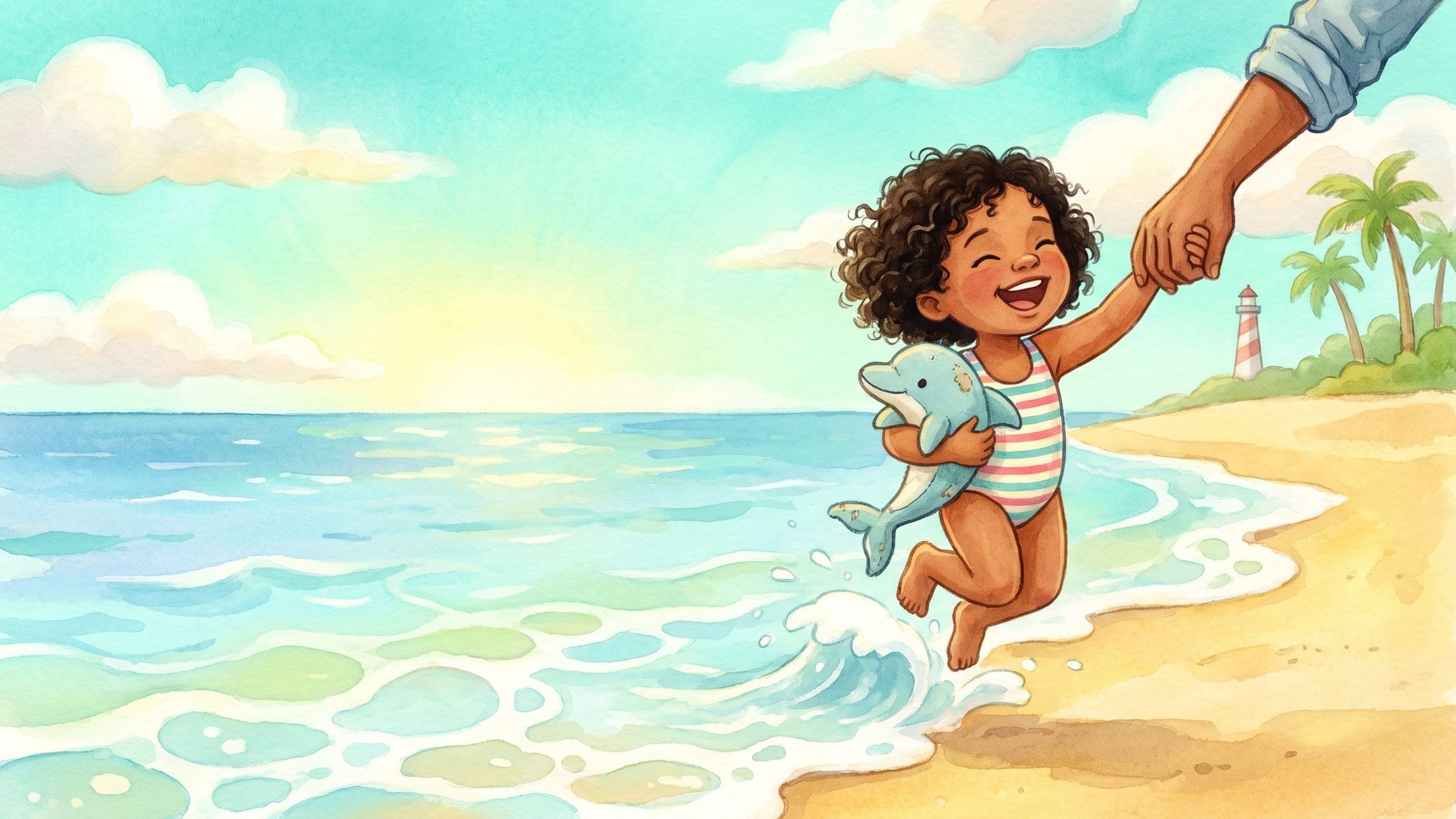 A joyful girl jumping a small wave at the beach holding a grown-up's hand with a stuffed dolphin, in a warm storybook illustration