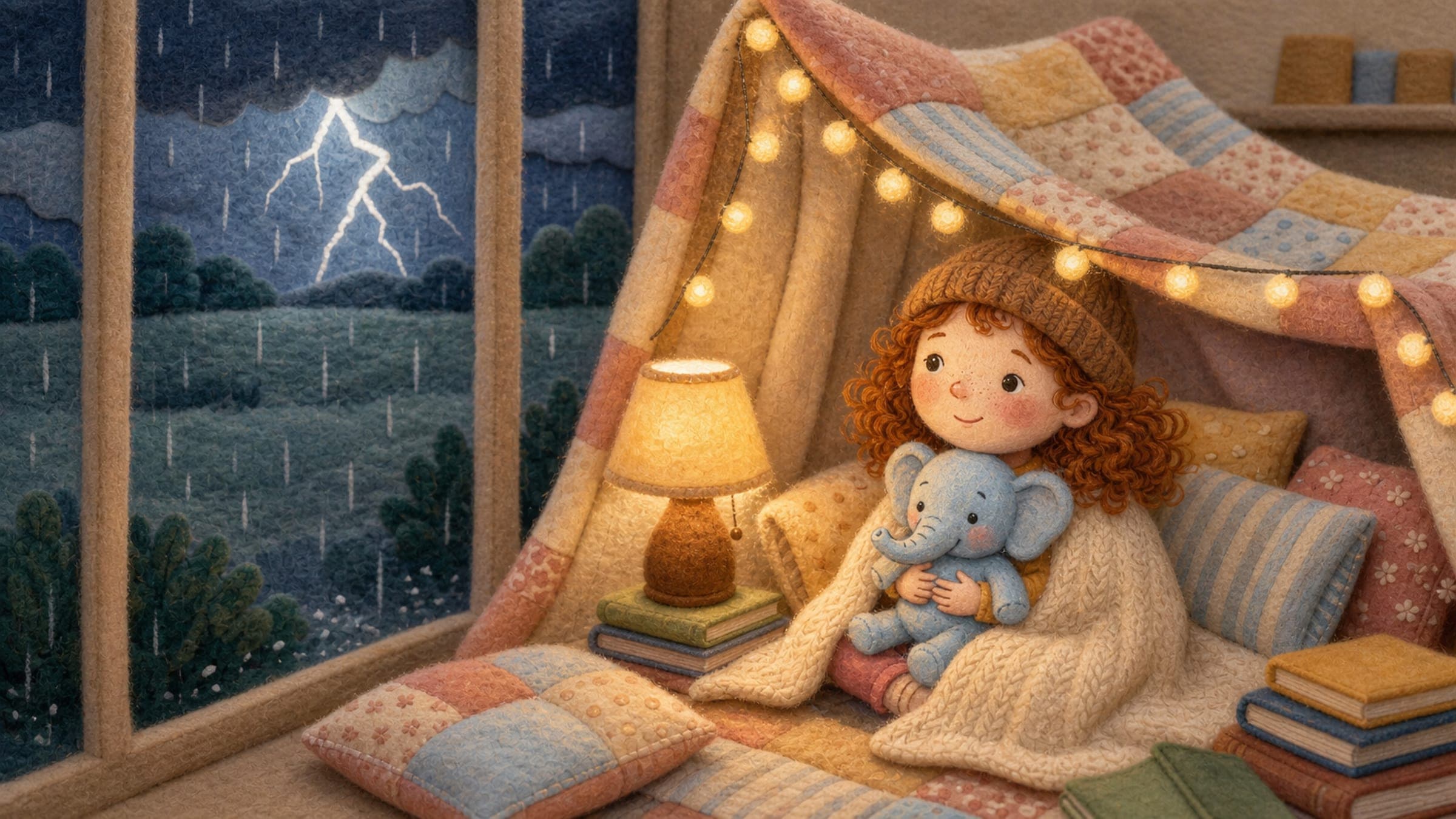 A calm girl in a cozy blanket fort watching a thunderstorm through the window with a plush elephant, in a warm storybook illustration