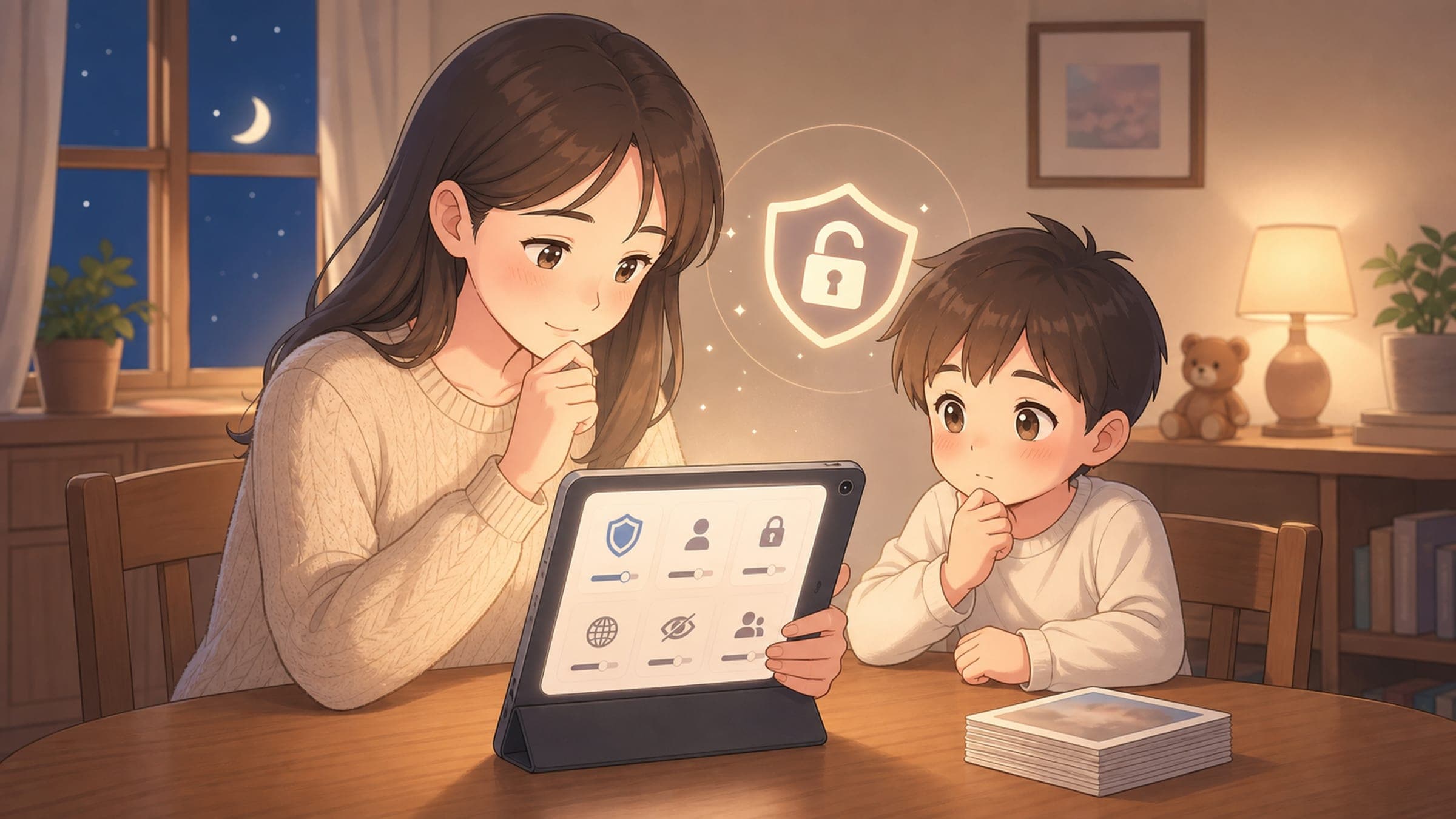 A quiet illustrated home scene representing a private family story