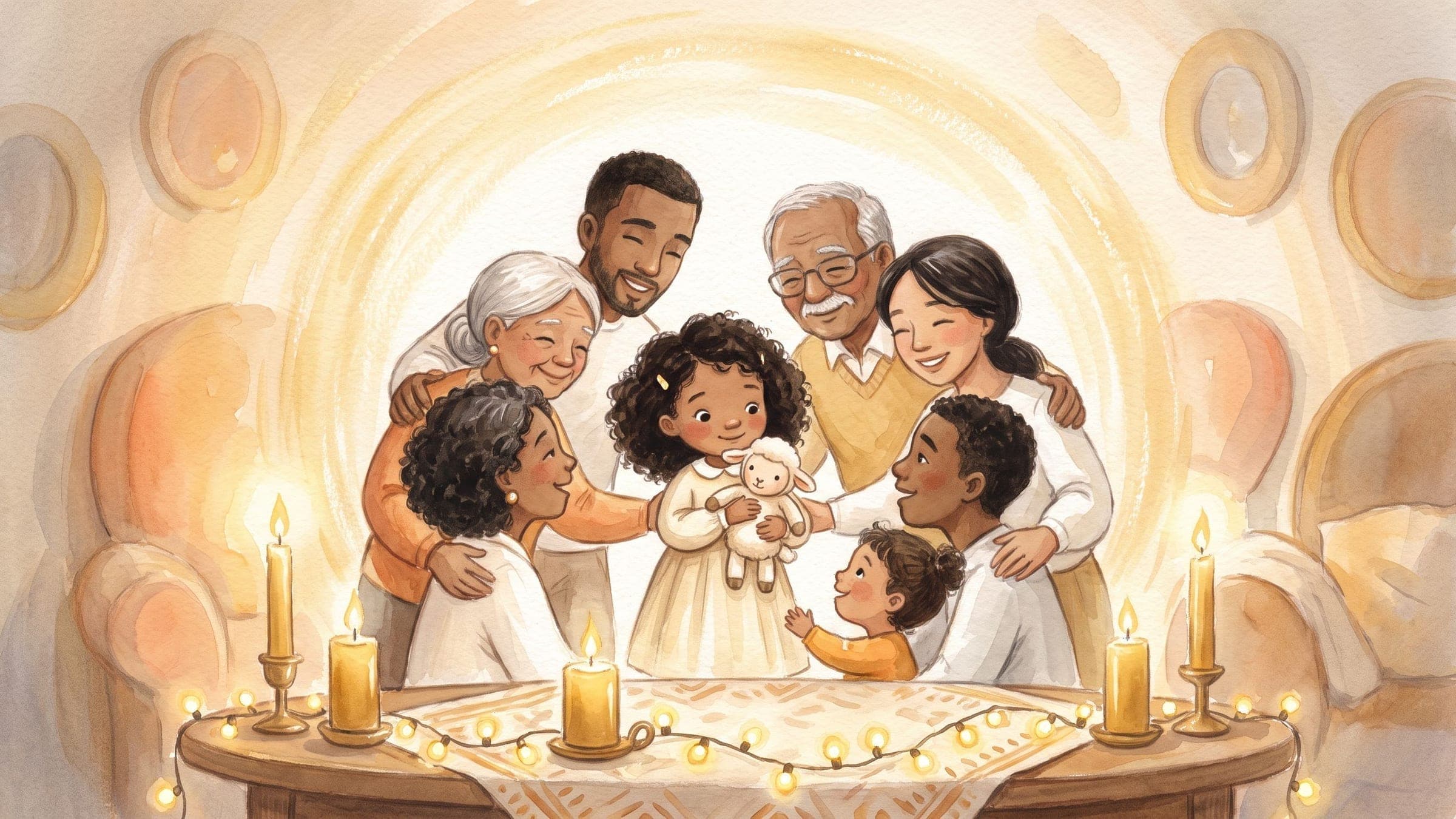 A girl at the center of a warm gentle family religious celebration with soft candlelight and a stuffed lamb, in a warm storybook illustration