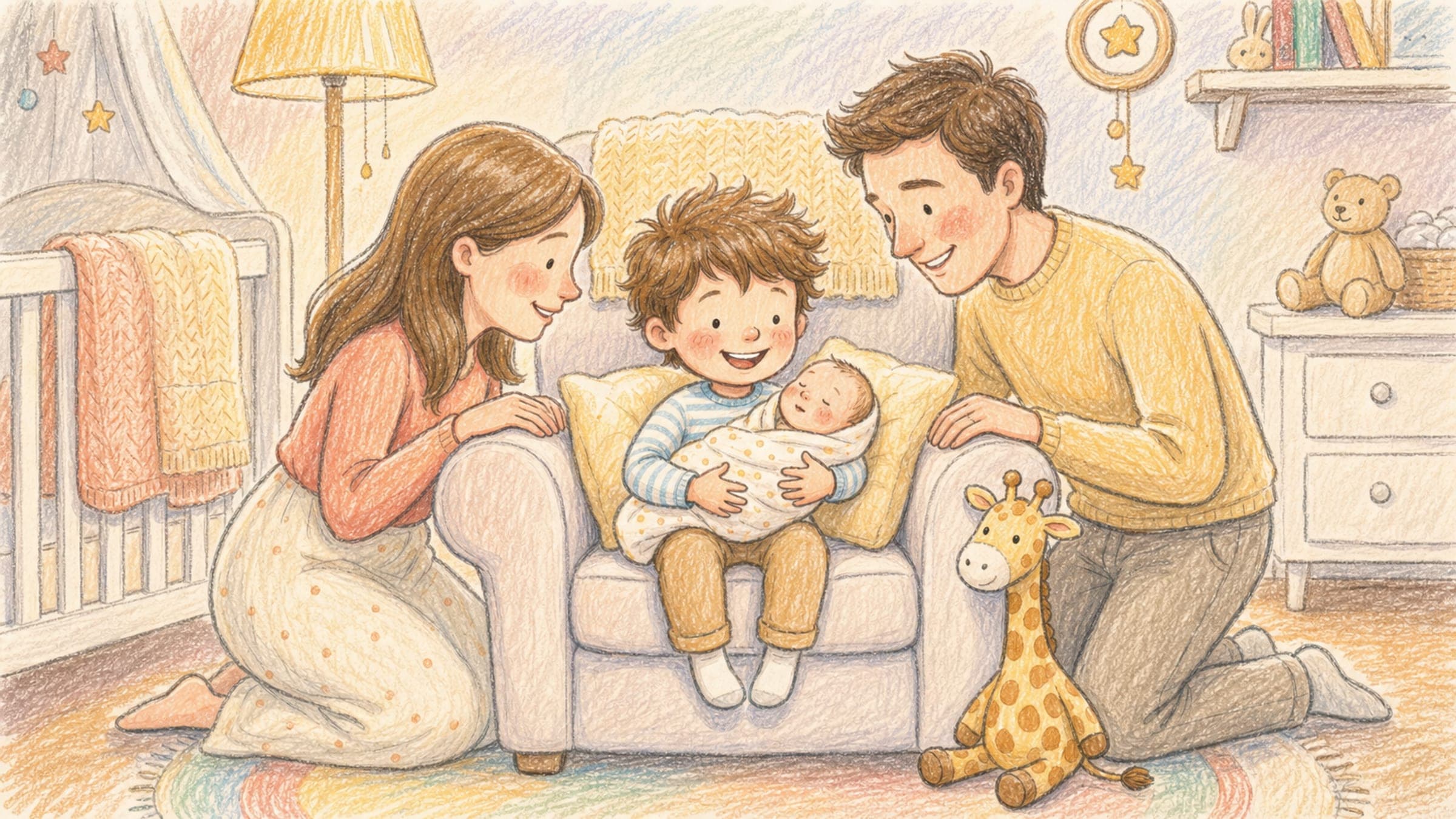 A proud big brother gently holding his new baby sibling with loving parents nearby and a stuffed giraffe, in a warm storybook illustration