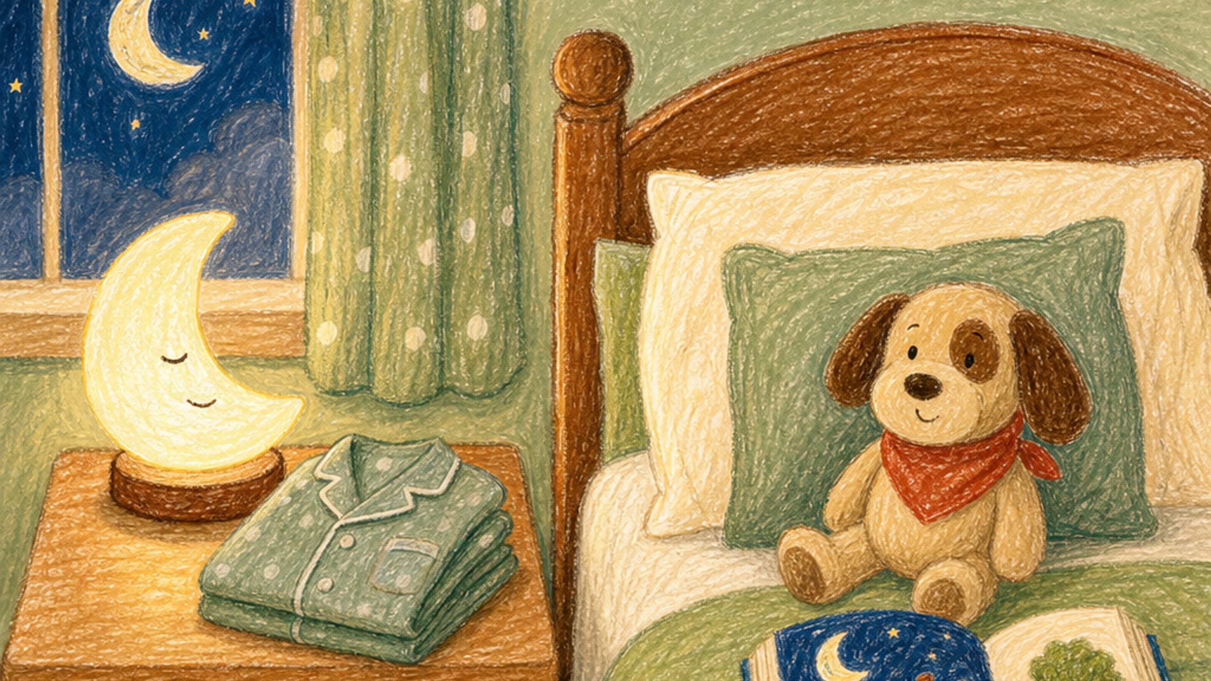 A cozy bedroom at night with a glowing crescent-moon night-light, folded pajamas, and a stuffed dog propped against pillows next to an open storybook, in a gentle crayon-sketch illustration